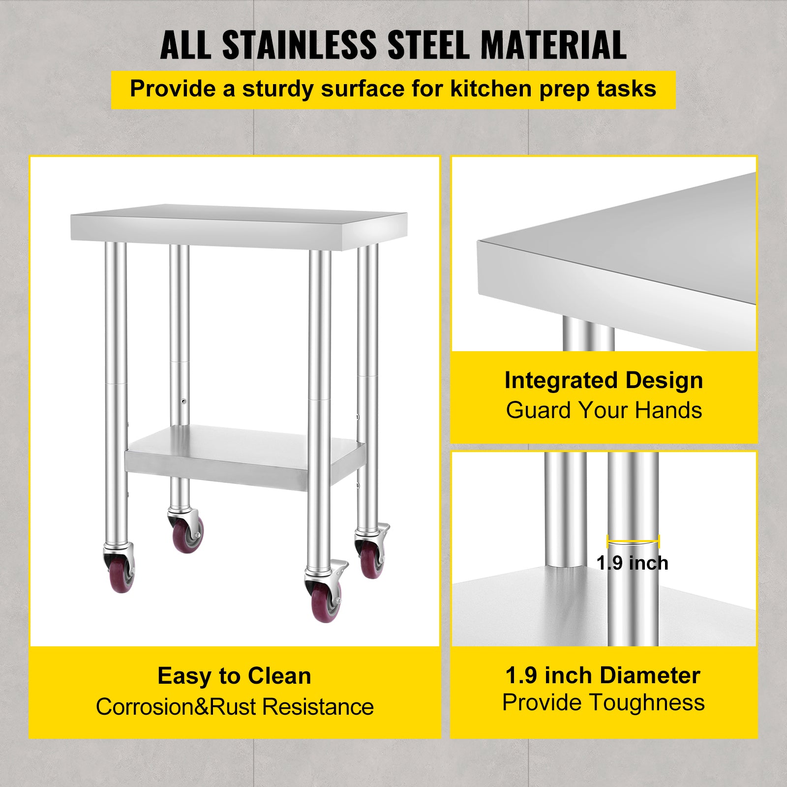 24x18x34 Inch Stainless Steel Work Table 3-Stage Adjustable Shelf With 4 Wheels Heavy Duty Commercial Food Prep Worktable With Brake For Kitchen Prep Work