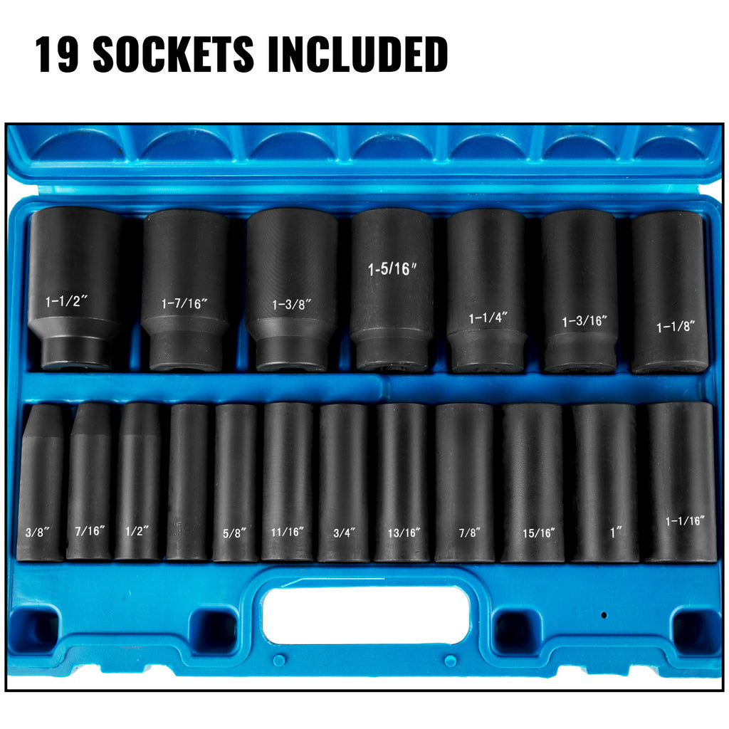 Impact Socket Set 19 Piece Impact Sockets, Deep Socket, 6-Point Sockets, Rugged Construction, Cr-V, With A Storage Cage