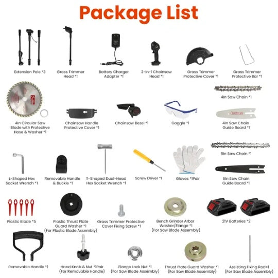 3-in-1 Cordless Electric Pole Saw & Mini Chainsaw & Grass Trimmer Kit With Adjustable Length 2Pcs 21V 1500mAh Batteries 4in 6in Chains Saw Blade 5Pcs Plastic Blades