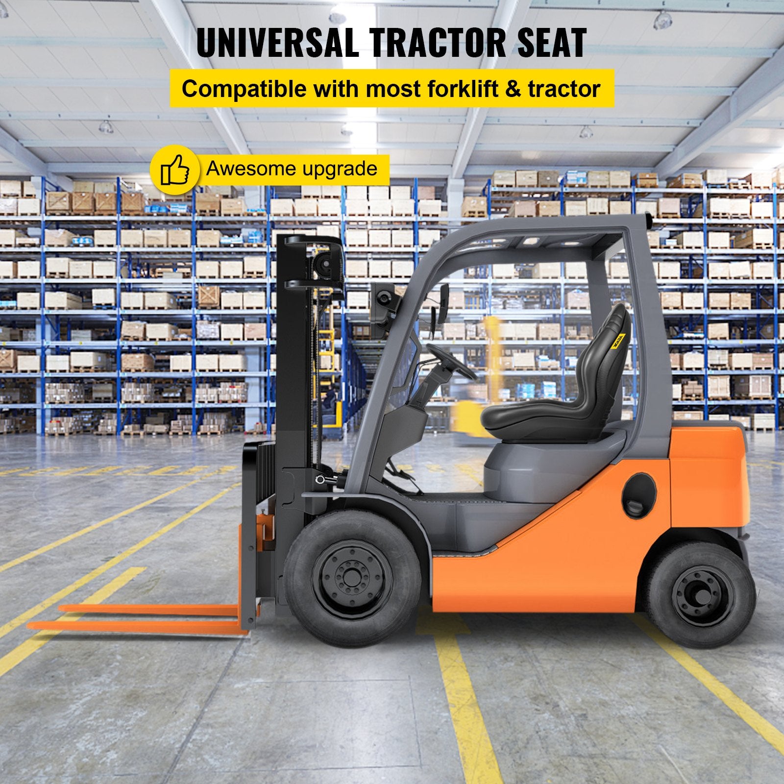 Universal Tractor Seat Replacement 2 Pack, Compact High Back Mower Seat Pair, Black Vinyl Forklift Seat, Central Drain Hole Skid Steer Seat With Mounting Bolt Patterns