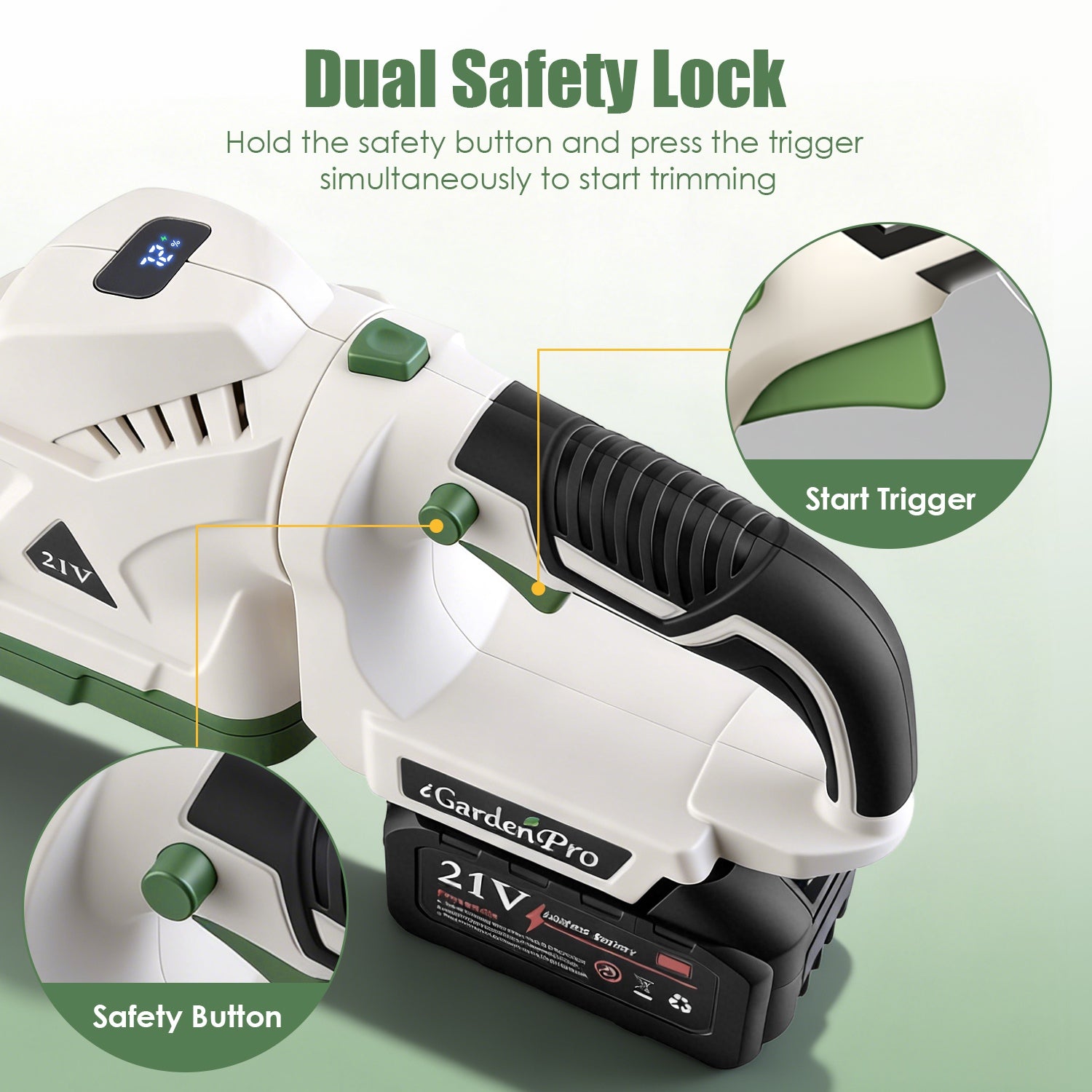20in Cordless Hedge Trimmer For Spring Garden 21V Handheld Bush Trimmer Electric Grass Shrub Trimmer With Dual Action Blades 0.6in Cutting Diameter Safety Lock 90 Degree Adjustable Handle For Spring