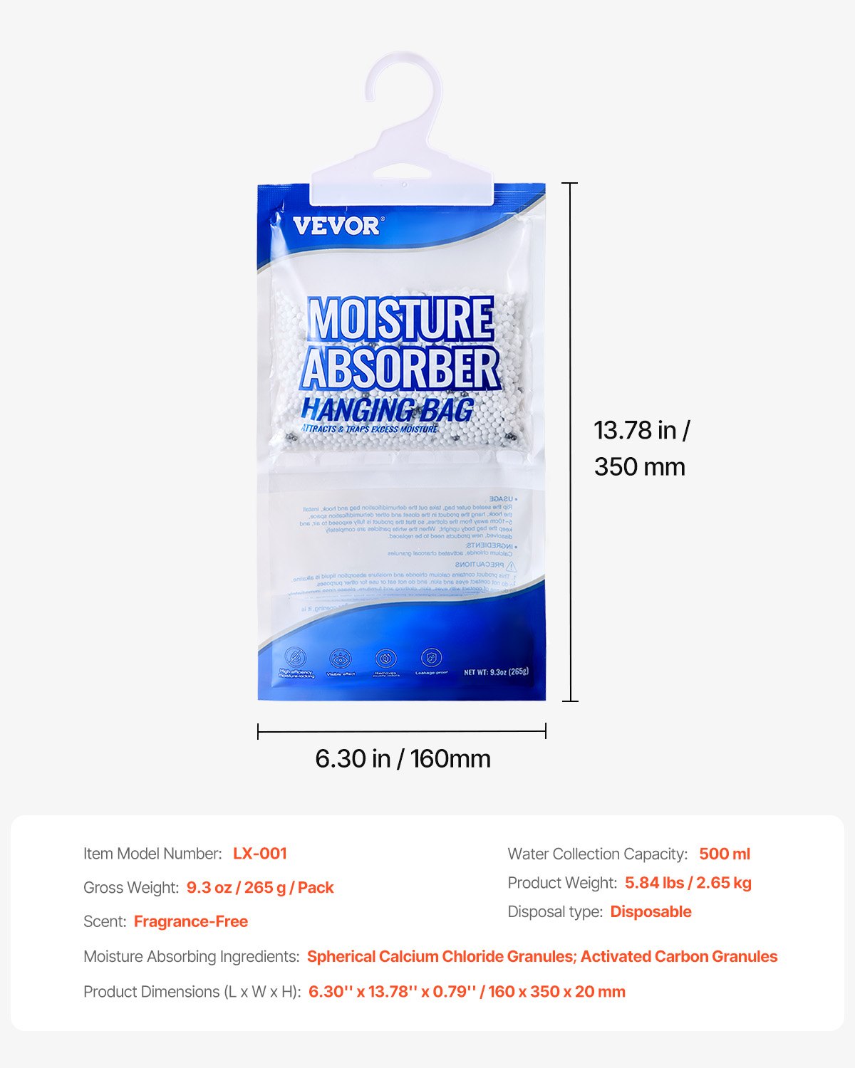 HangingMoisture Absorber, 9.3 Oz Hanging Closet Dehumidifier Bags 10 Packs, Fragrance FreeMoisture Bags In Wardrobes, Bedrooms, Bathrooms