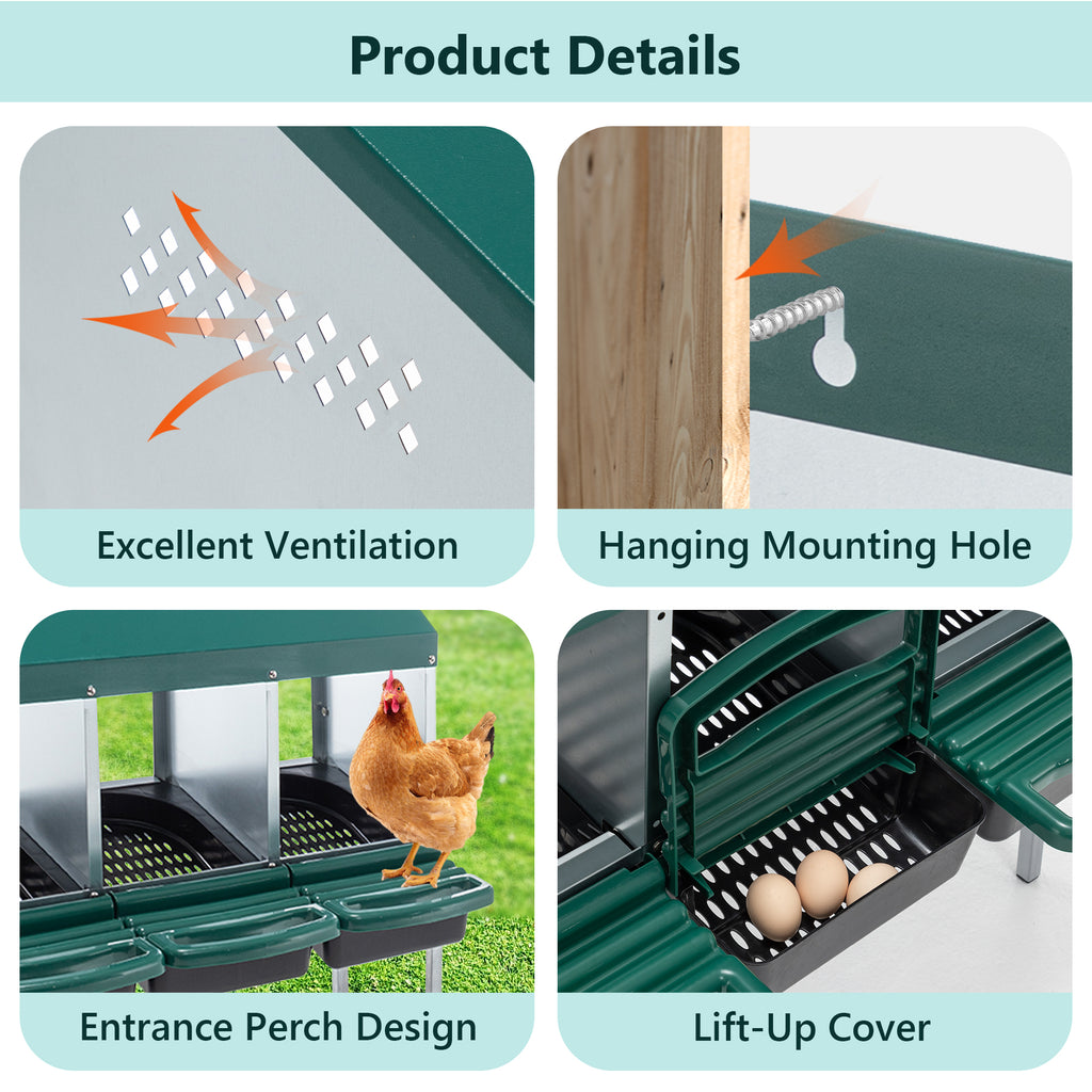Nesting Boxes For Chickens, 3 Holes Chicken Nesting Boxes With Legs, Chicken Laying Box With Lid Cover, For Outdoor Chicken Coop Farm Yard, Rreen