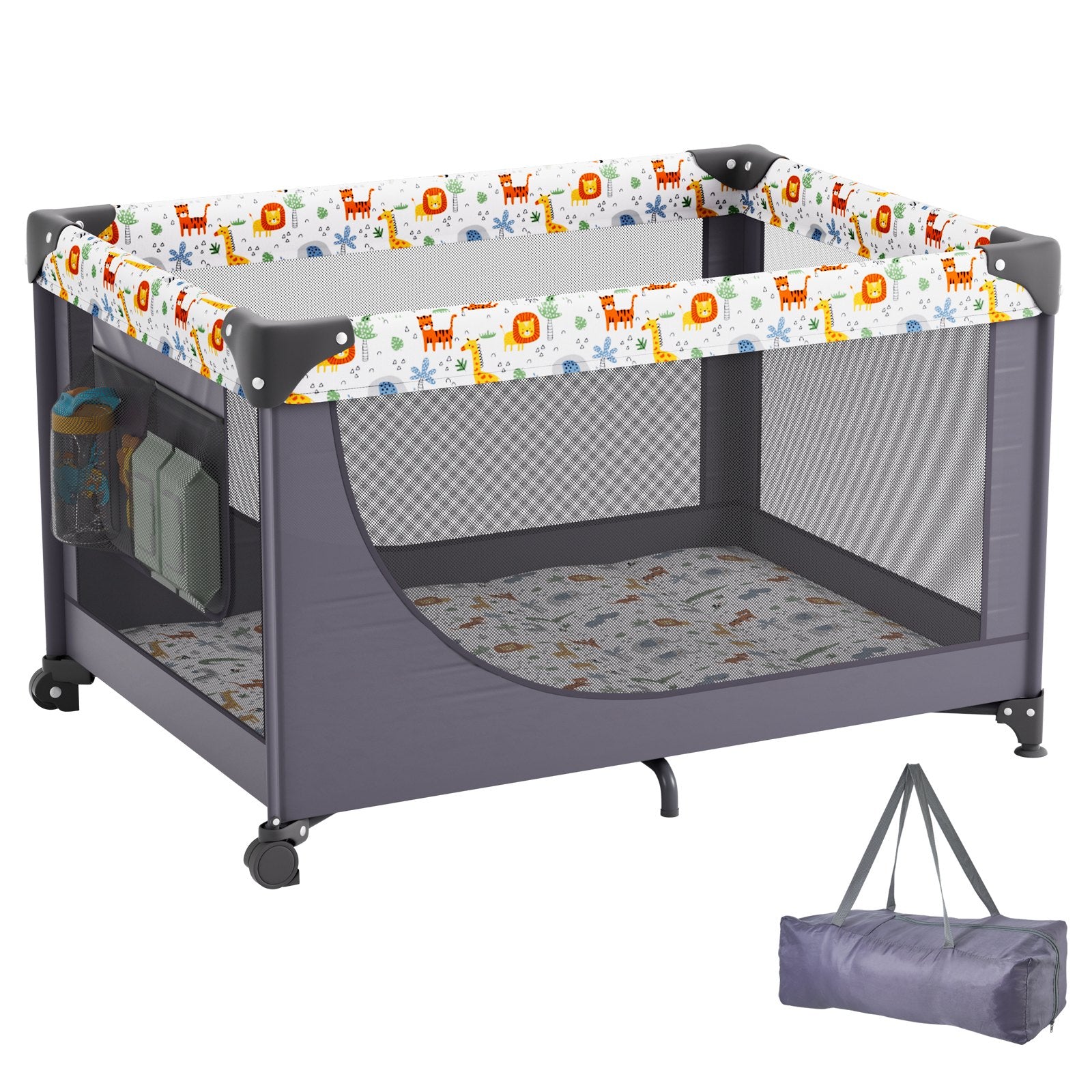 Baby Playpen Quick-Folding Portable Baby Toddler Fence Play Yard & Wheels