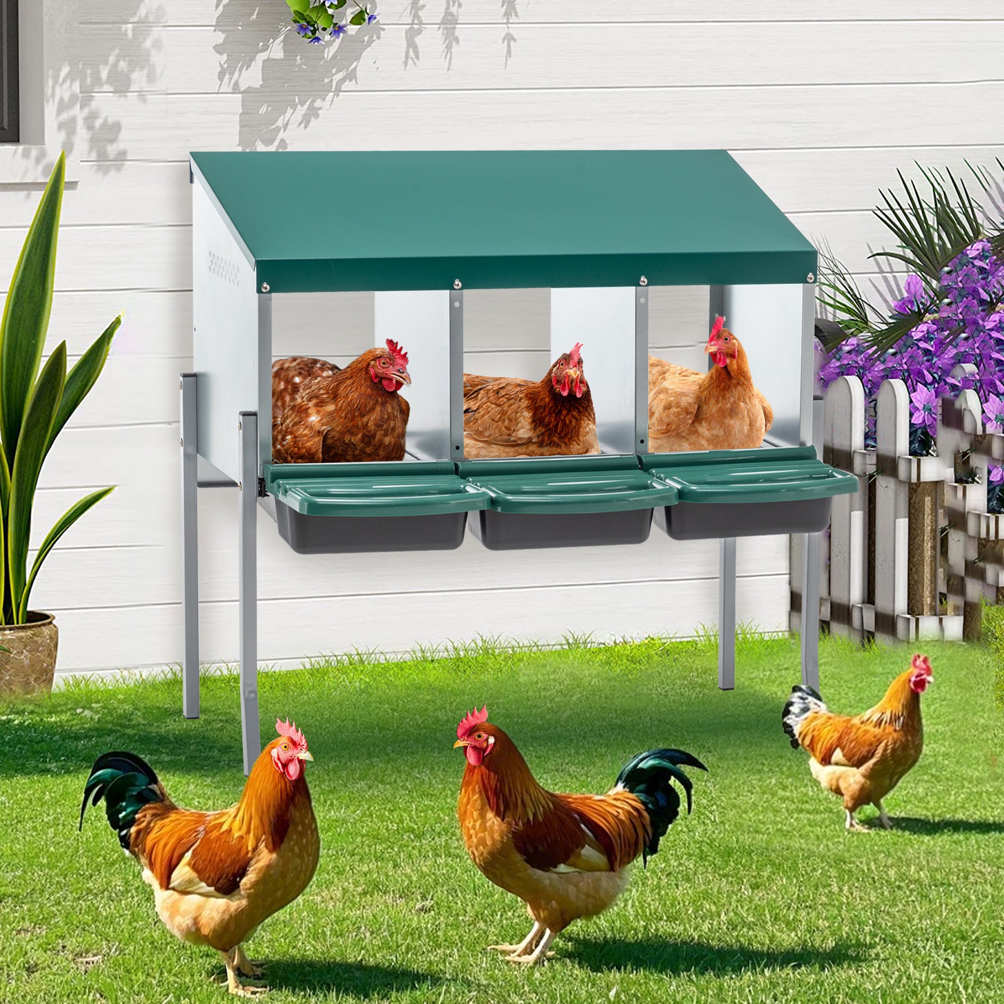 Nesting Boxes For Chickens, 3 Holes Chicken Nesting Boxes With Legs, Chicken Laying Box With Lid Cover, For Outdoor Chicken Coop Farm Yard, Rreen
