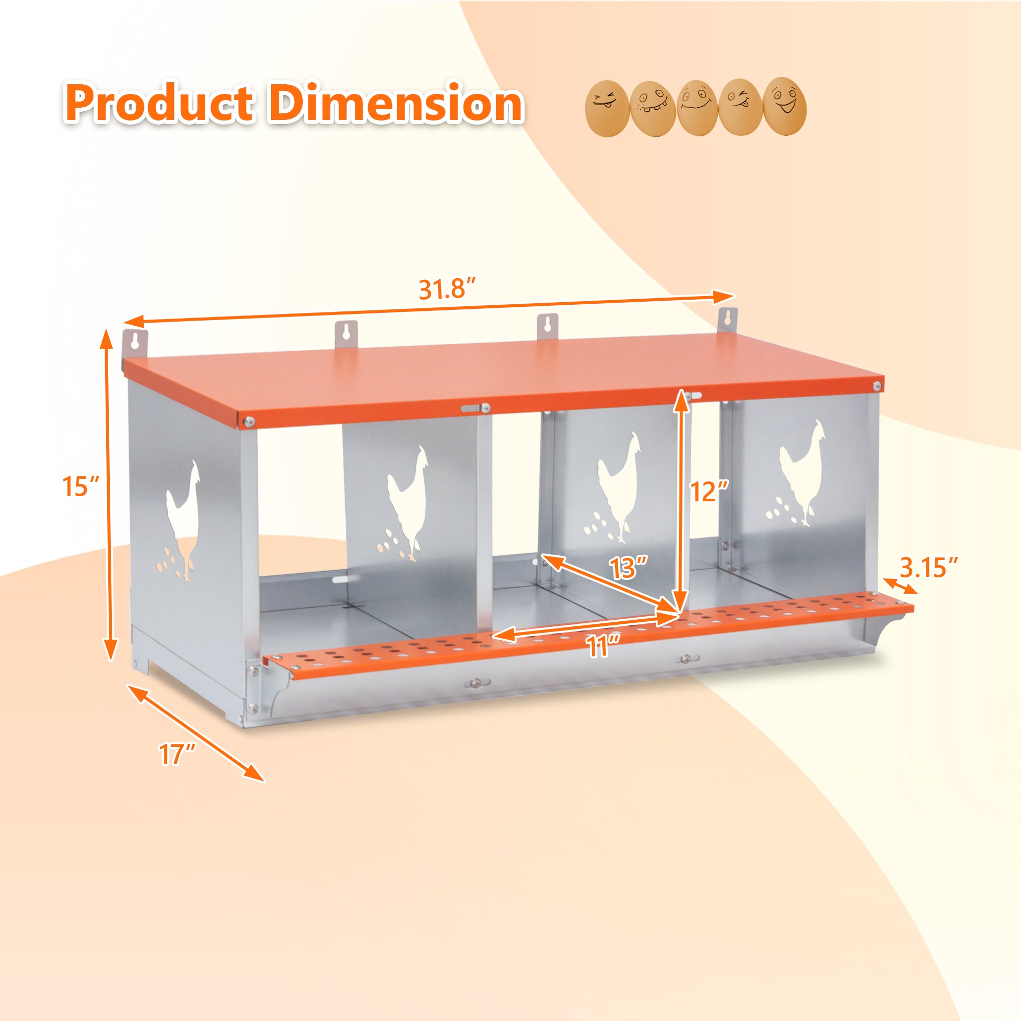 3-Bay Metal Nest Box-Wall Mount For Hens Ducks, Easy Egg  Assembly, Vented Galvanized Steel Coop Equipment Orange