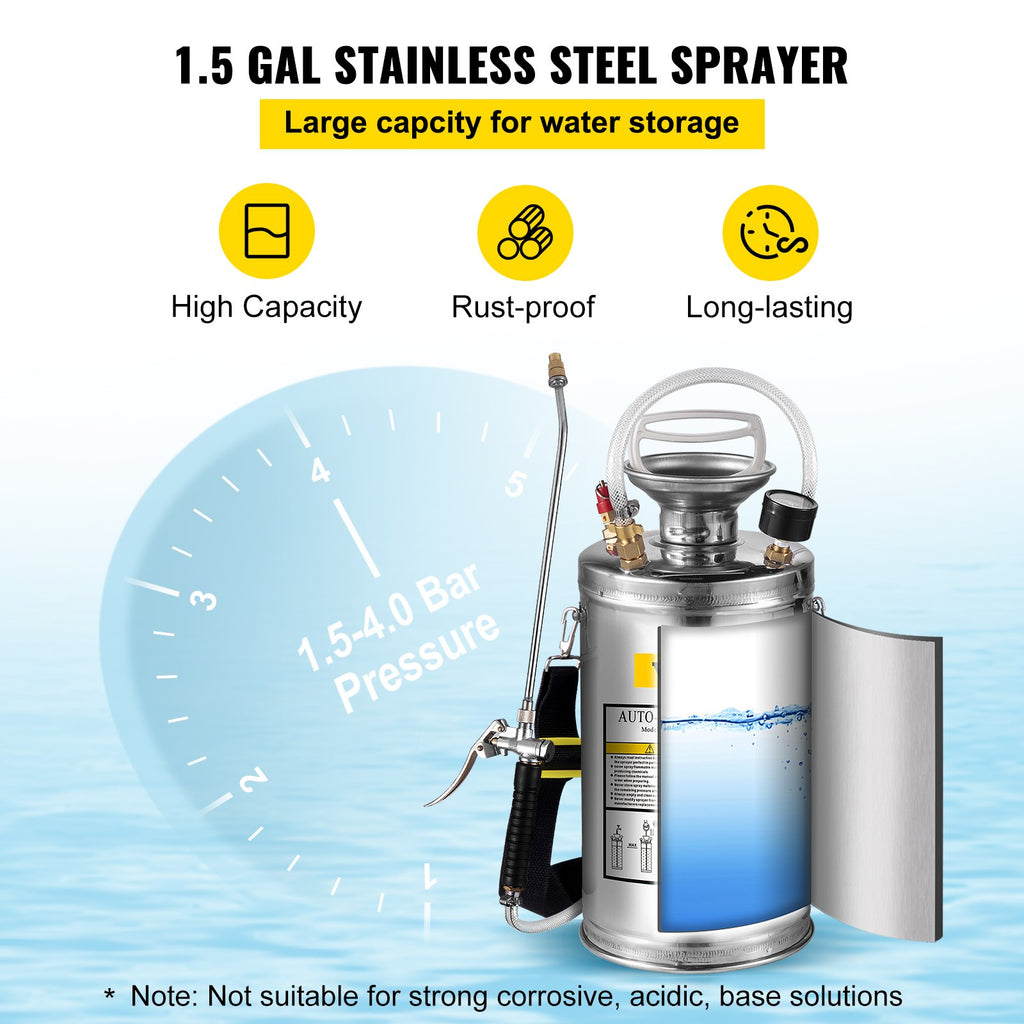 1.5Gal Stainless Steel Sprayer, 3.3FT Reinforced Hose, Hand Sprayer With Pressure Gauge Safety Valve, Adjustable Nozzle Suitable For Gardening  Sanitizing