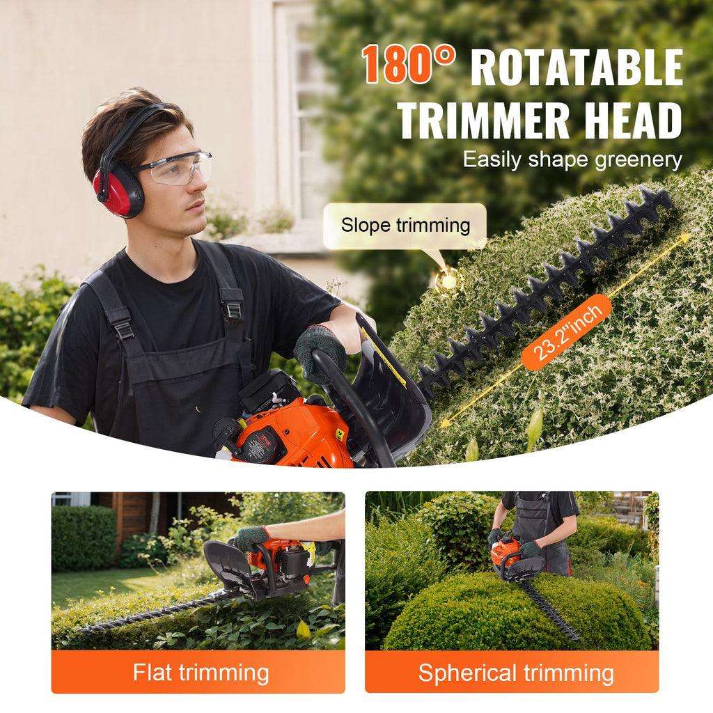 23.2-inch 26CC 2 Cycle Gas Hedge Trimmer, Gas Powered Handheld Hedge Trimmer With Dual Sided Dual Action Blade, 180° Adjustable Trimmer Head, Suitable For Trimming Shrubs, Low Bushes