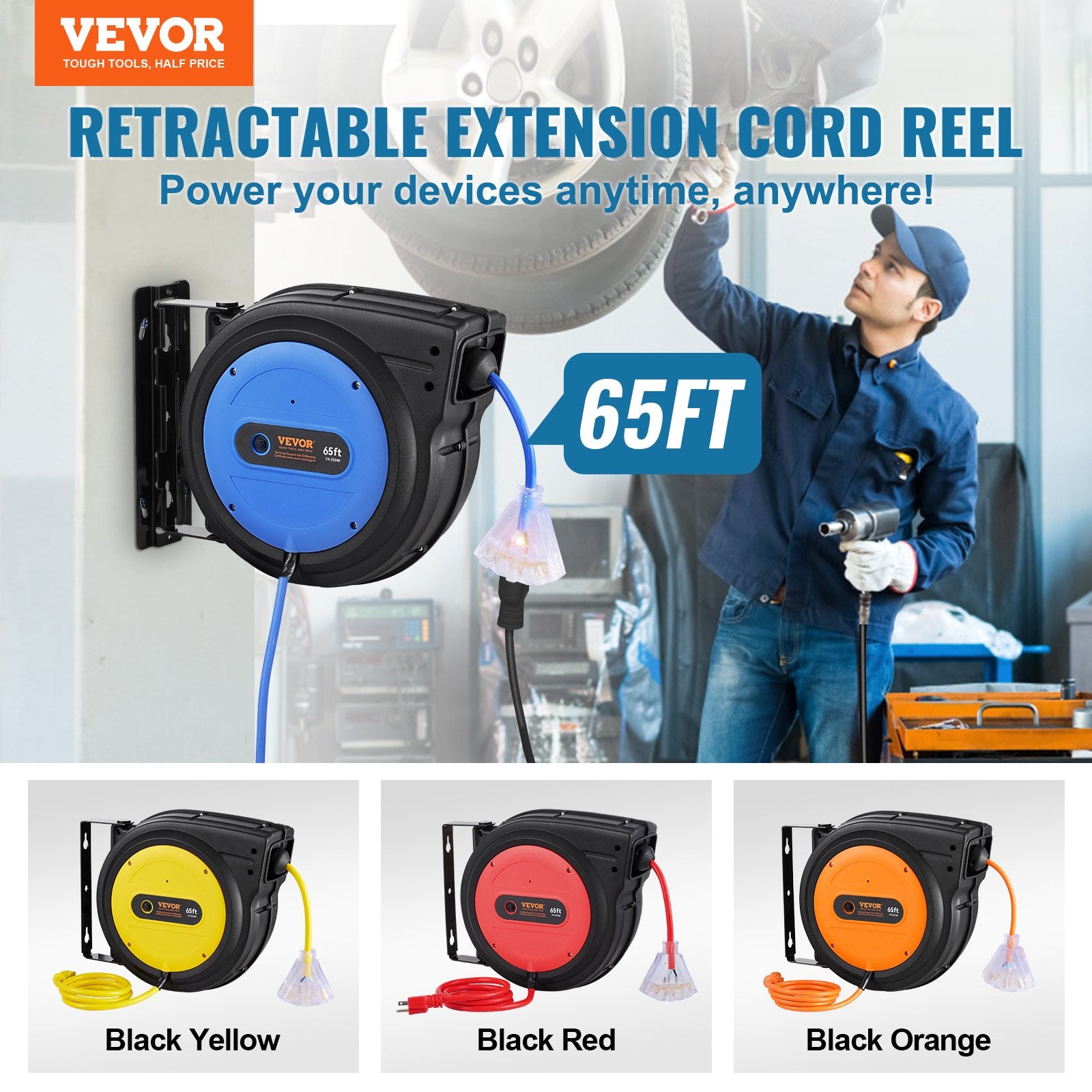 Retractable Extension Cord Reel Power Cord Reel 65FT 12AWG/3C SJTOW