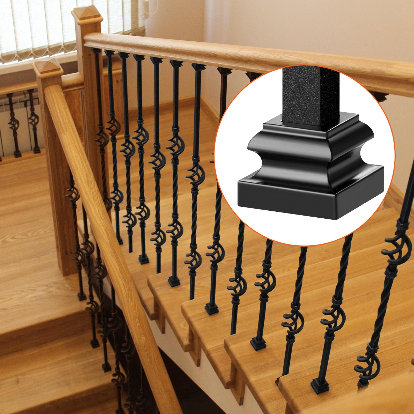 Aluminum Alloy Baluster Shoes Stair Flat Shoe With Screw Holes For Square Scroll Basket Twist Knuckle Staircase Balusters Metal Spindle Railing, Satin Black 50 Pcs