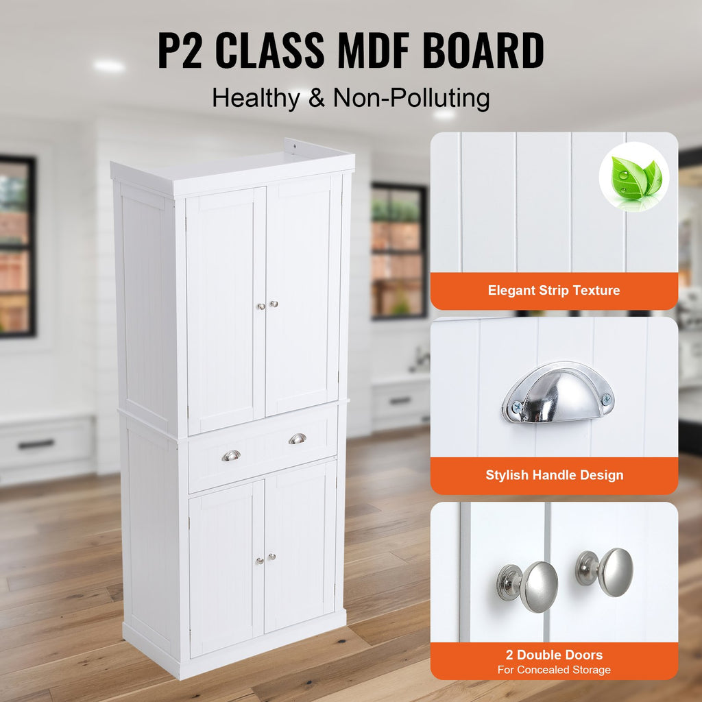 Kitchen Pantry Storage Cabinet, Freestanding Utility Cabinets With Doors, Drawer And 3 Adjustable Shelves, Tall Food Buffet Pantries For Kitchen, Living Room, Dinning Room, Laundry, White