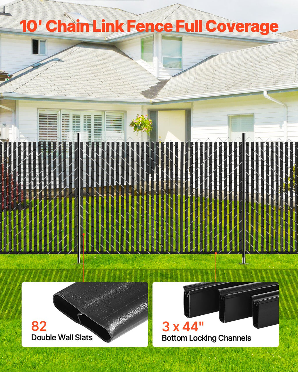 Chain Link Fence Privacy Slats Double-Wall For 6' High Fence Bottom Lock Black