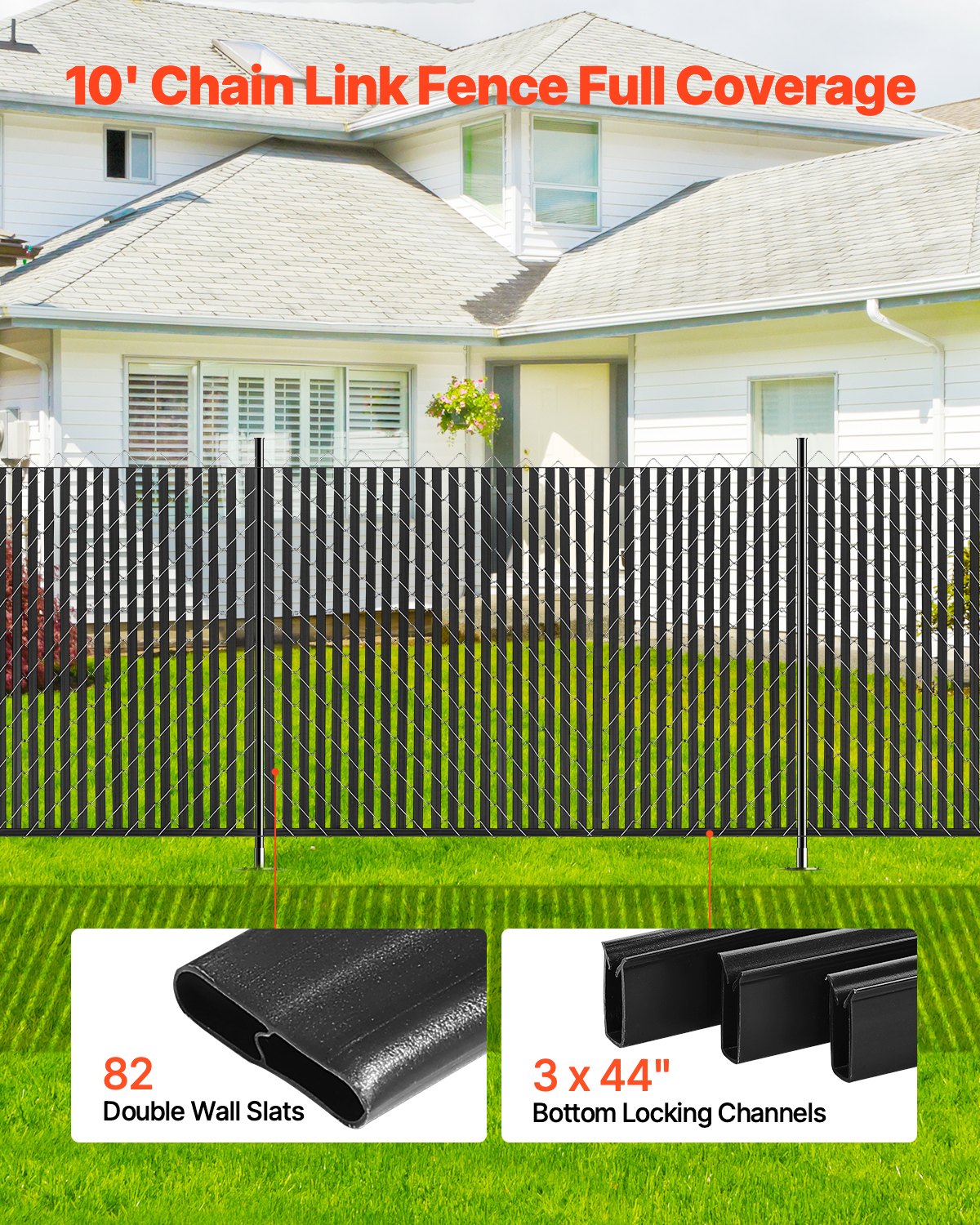 Chain Link Fence Privacy Slats Double-Wall For 6' High Fence Bottom Lock Black