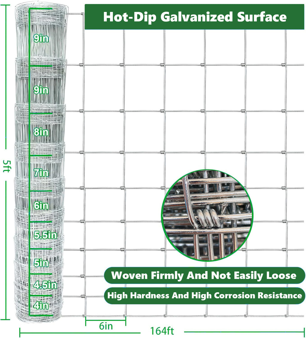 Farm Fence 5ft X 164ft 14Gauge Heavy Zinc Coating Cattle Fence,Galvanized Field Wire Fencing Deer Fence,Goat Fence,Hog Wire Fencing For Yard Livestock & Animals Protection