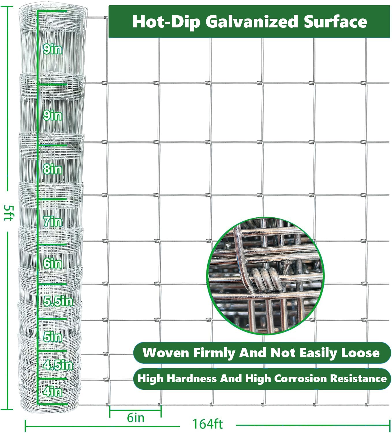 Farm Fence 5ft X 164ft 14Gauge Heavy Zinc Coating Cattle Fence,Galvanized Field Wire Fencing Deer Fence,Goat Fence,Hog Wire Fencing For Yard Livestock & Animals Protection