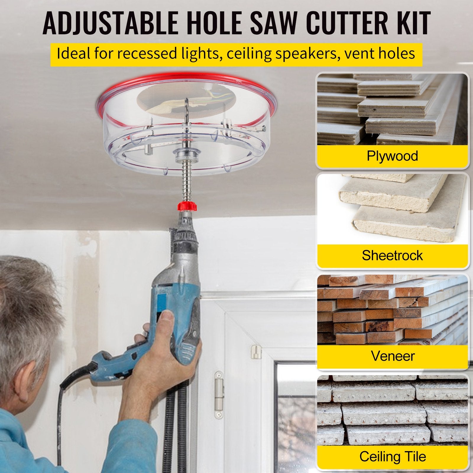 Adjustable Hole Saw Cutter Kit, 1-5/8' To 8' (40-200 Mm), Twin Blade Recessed Hole Saw With PC Dust Shield, Two Replaceable Pilot Drill Bits, For Recessed Lights, Ceiling Speakers, Vent Holes