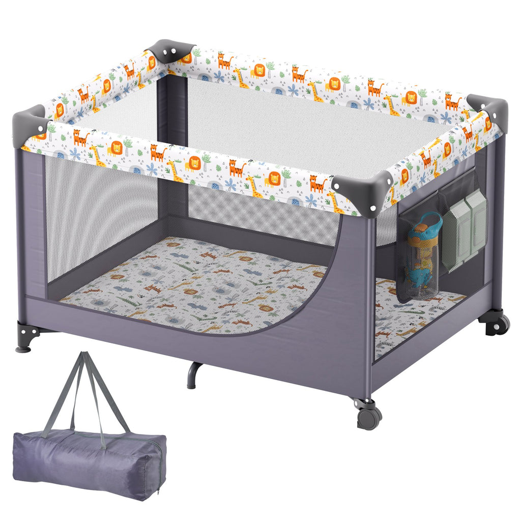 Baby Playpen Quick-Folding Portable Baby Toddler Fence Play Yard & Wheels