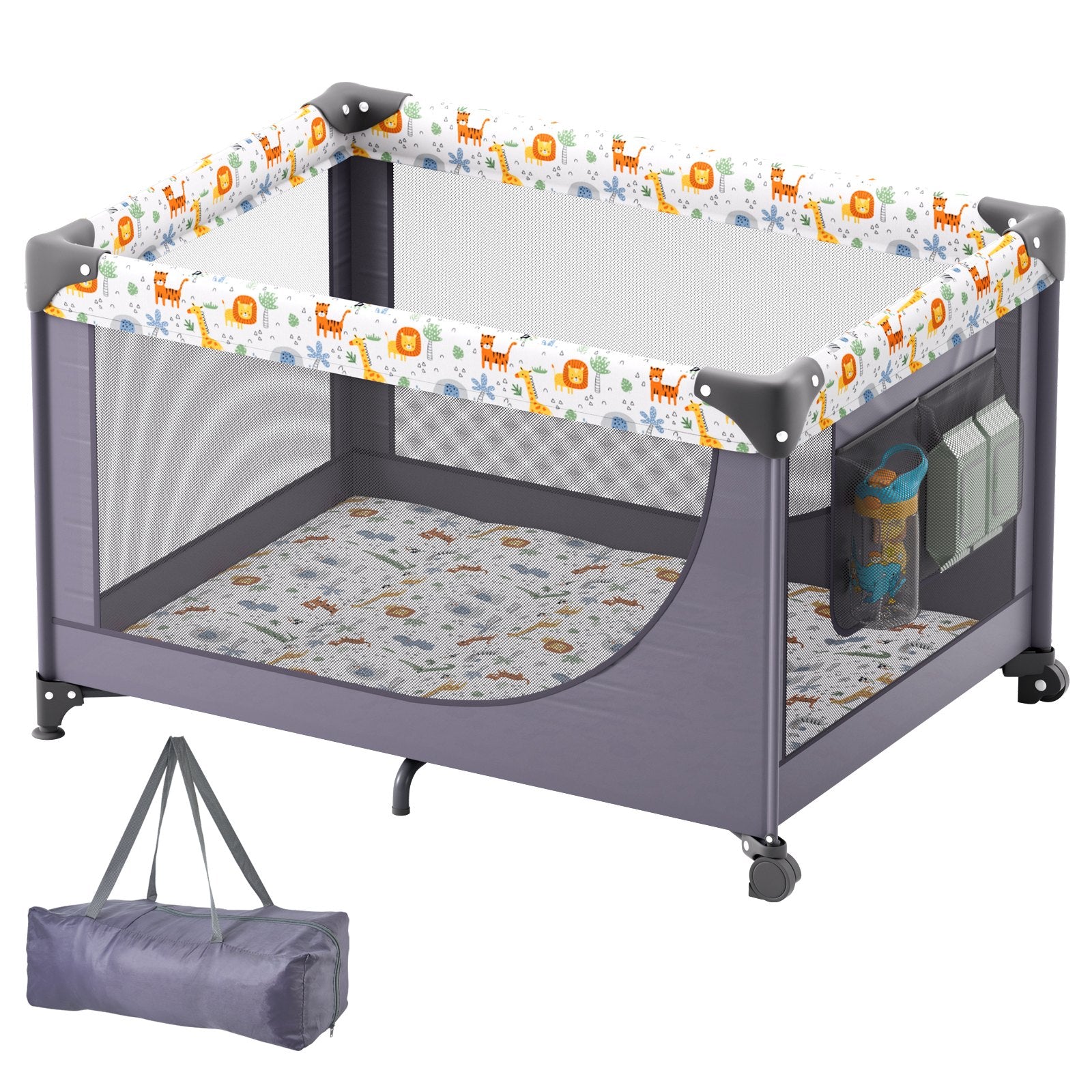 Baby Playpen Quick-Folding Portable Baby Toddler Fence Play Yard & Wheels