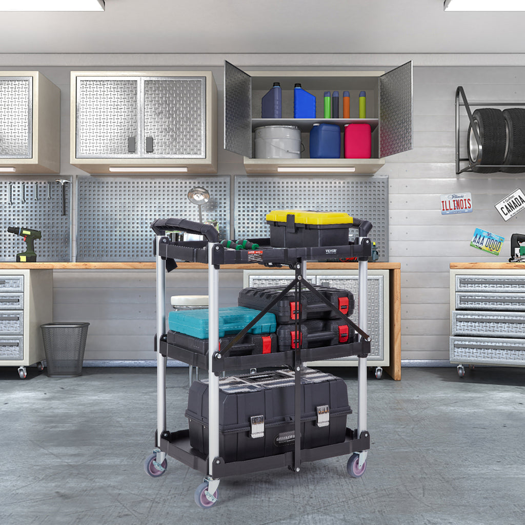 Foldable Utility Service Cart, 3 Shelf 165LBS Heavy Duty Plastic Rolling Cart With Lockable Wheels, Ergonomic Handle, Portable Garage Tool Cart