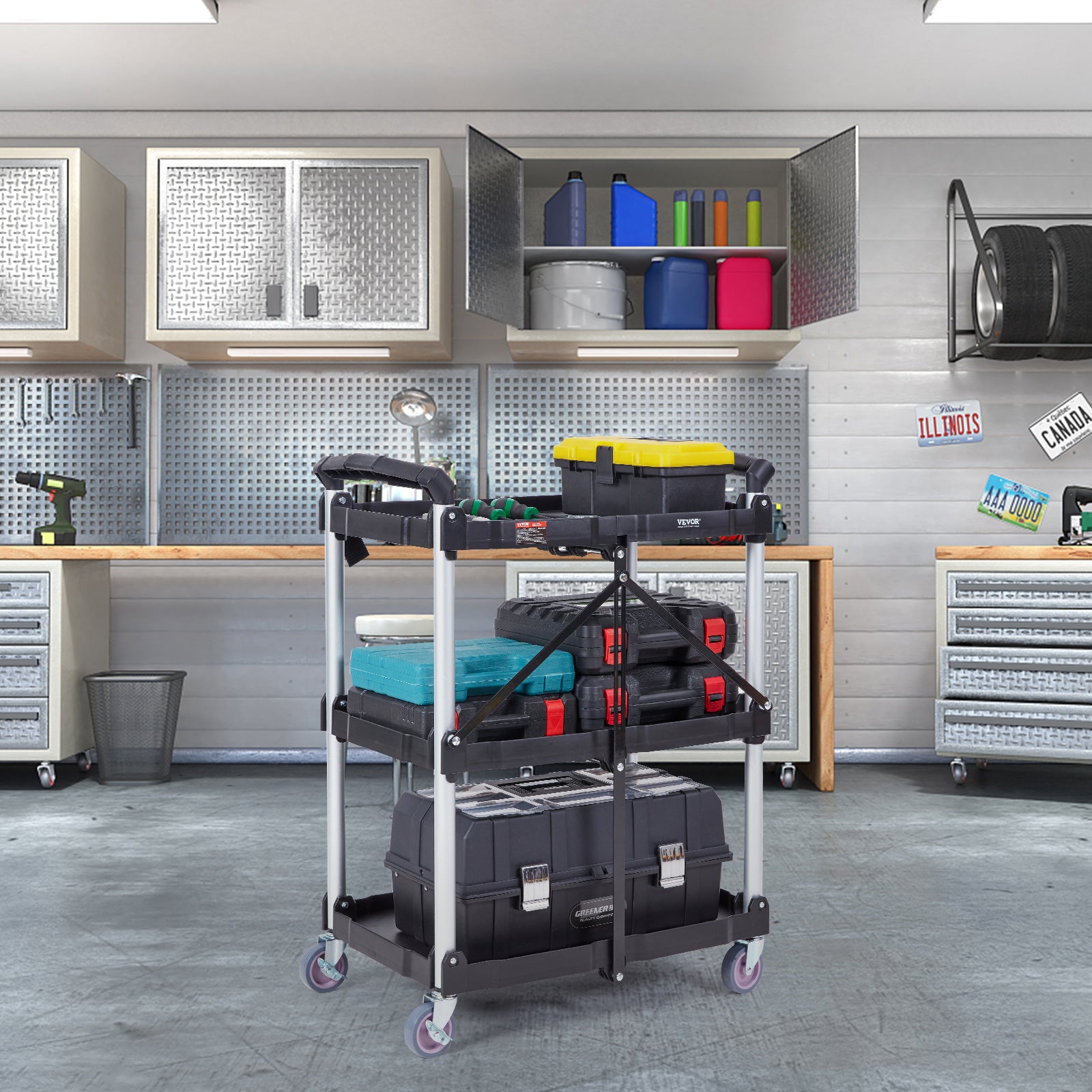Foldable Utility Service Cart, 3 Shelf 165LBS Heavy Duty Plastic Rolling Cart With Lockable Wheels, Ergonomic Handle, Portable Garage Tool Cart