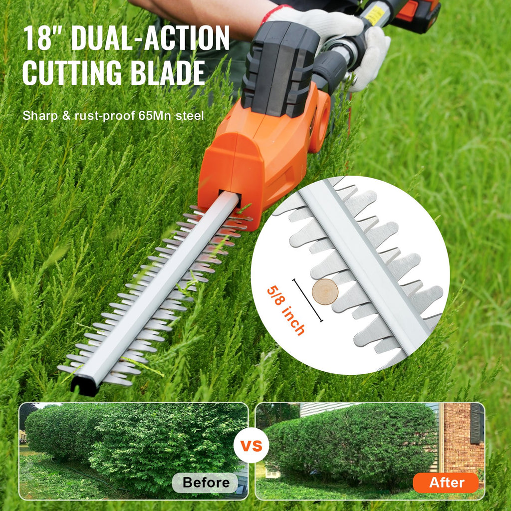 20V Cordless Hedge Trimmer, 18 Inch Double-edged Steel Blade, Pole Hedge Trimmer Kit 20V Battery, Fast Charger Included, Telescoping Design For High Branches