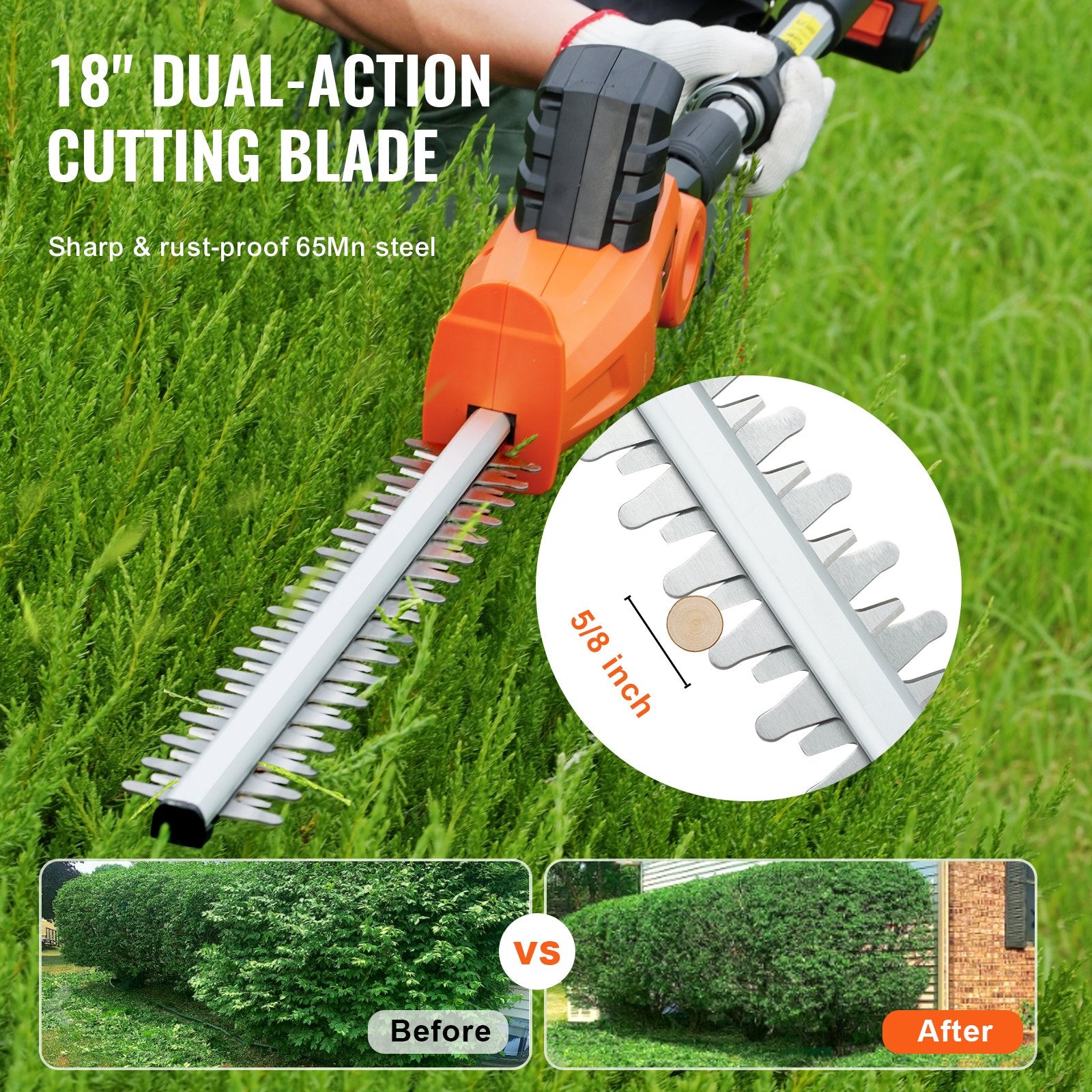 20V Cordless Hedge Trimmer, 18 Inch Double-edged Steel Blade, Pole Hedge Trimmer Kit 20V Battery, Fast Charger Included, Telescoping Design For High Branches