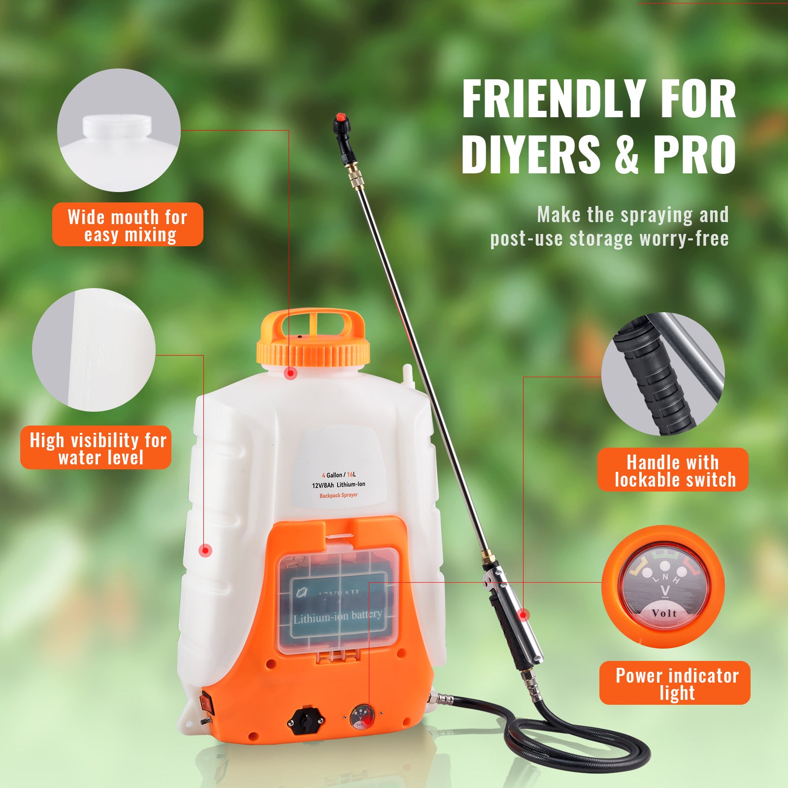 Battery Powered Backpack Sprayer 4 Gal Tank 0-90 PSI Adjustable Pressure
