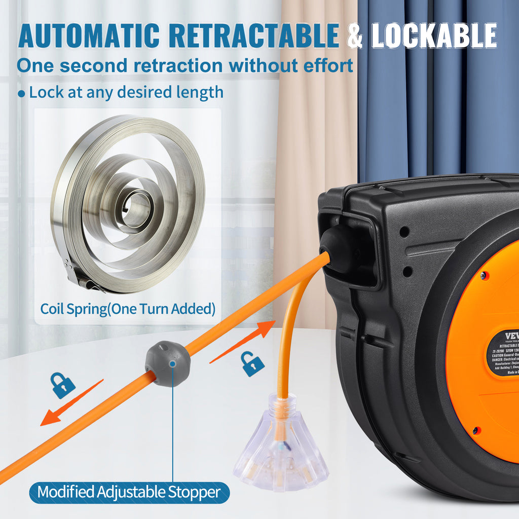 Retractable Extension Cord Reel Power Cord Reel 65FT 12AWG 3C SJTOW