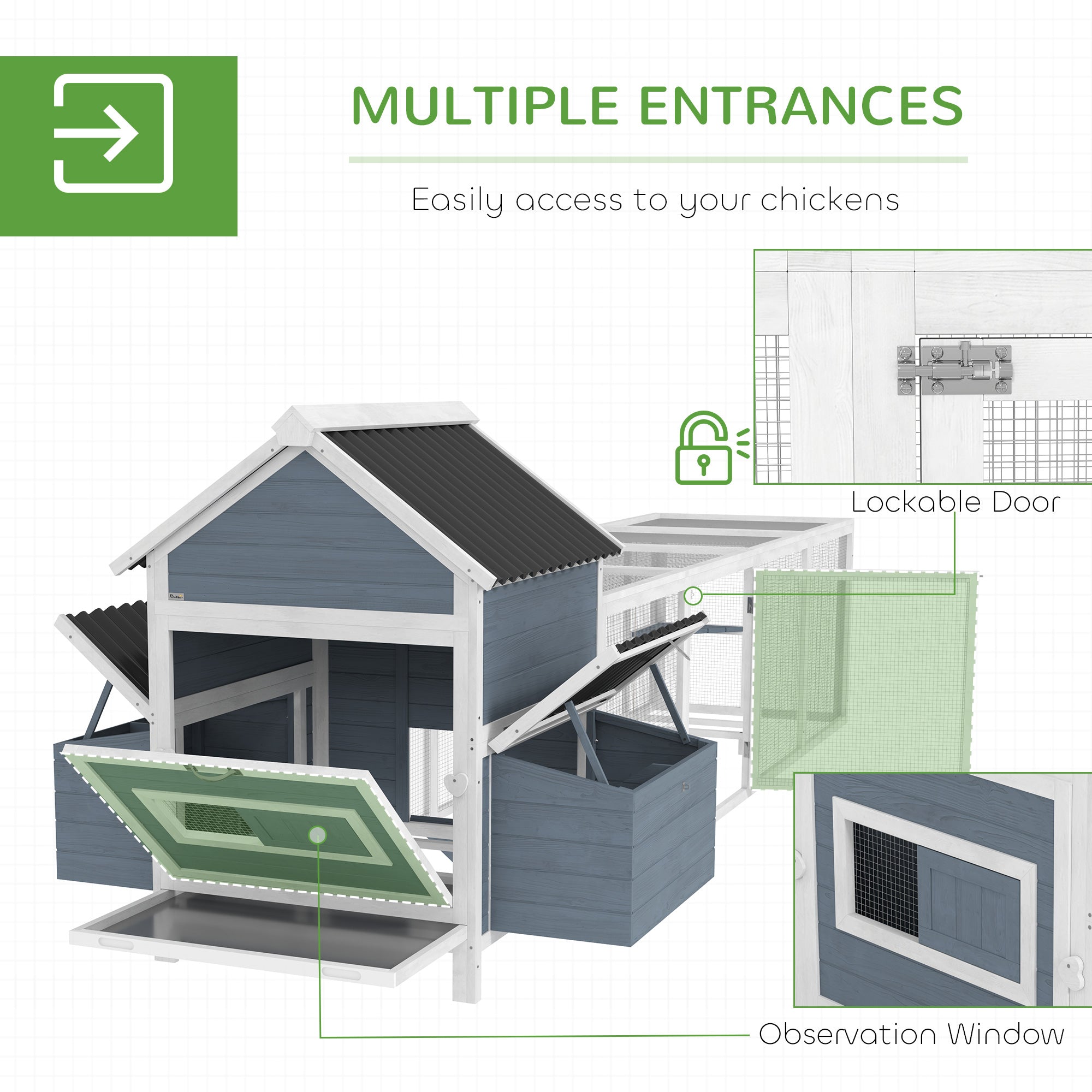 156 Extra Large Wooden Chicken Coop With 2 Nesting Box, Run Cage, Waterproof Wave Roof, For 10-15 Chickens, Light Gray