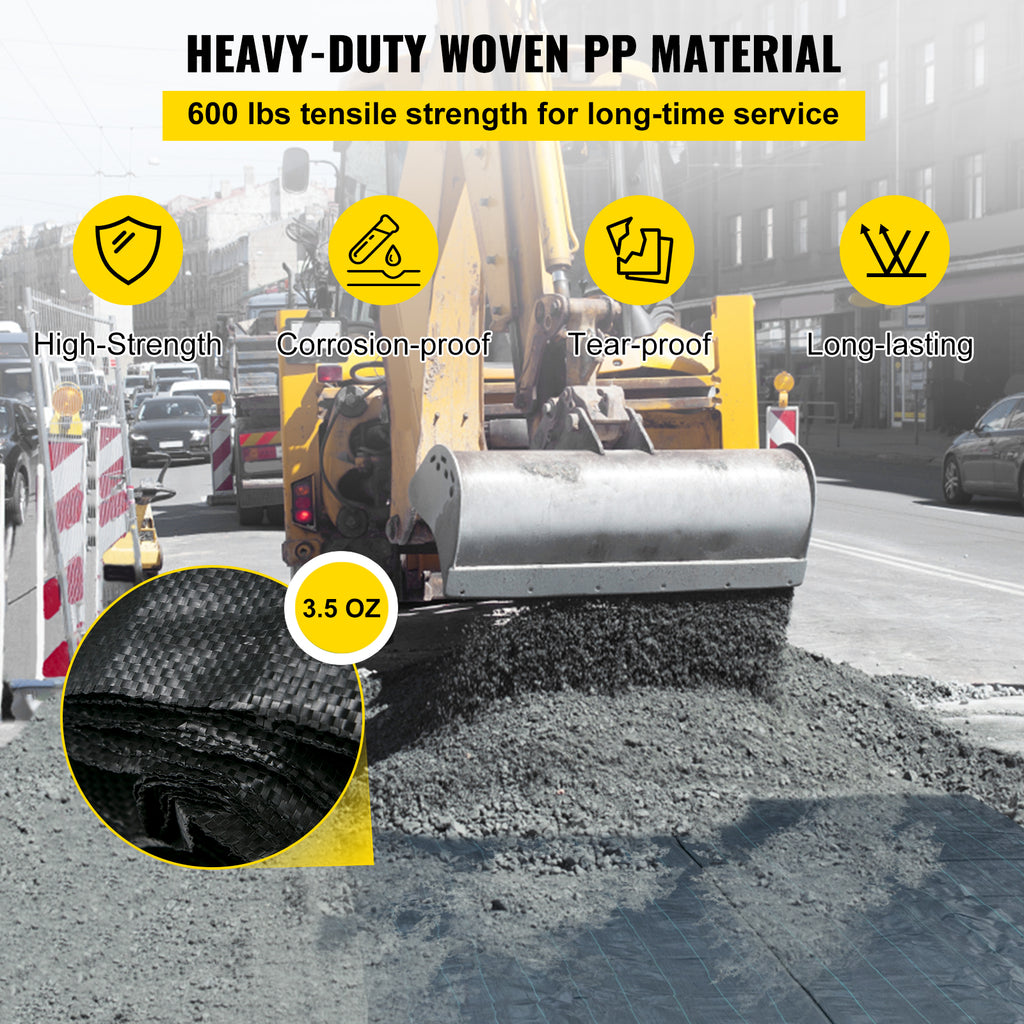 VEVOR Geotextile Fabric, 12.5 X 50 Ft 3.5oz Woven PP Driveway Drain Cloth W 600lbs Tensile Strength, Heavy Duty Underlayment For Soil Stabilization, Landscaping, Weed Barrier, 12.5FT50FT-3.5OZ, Black