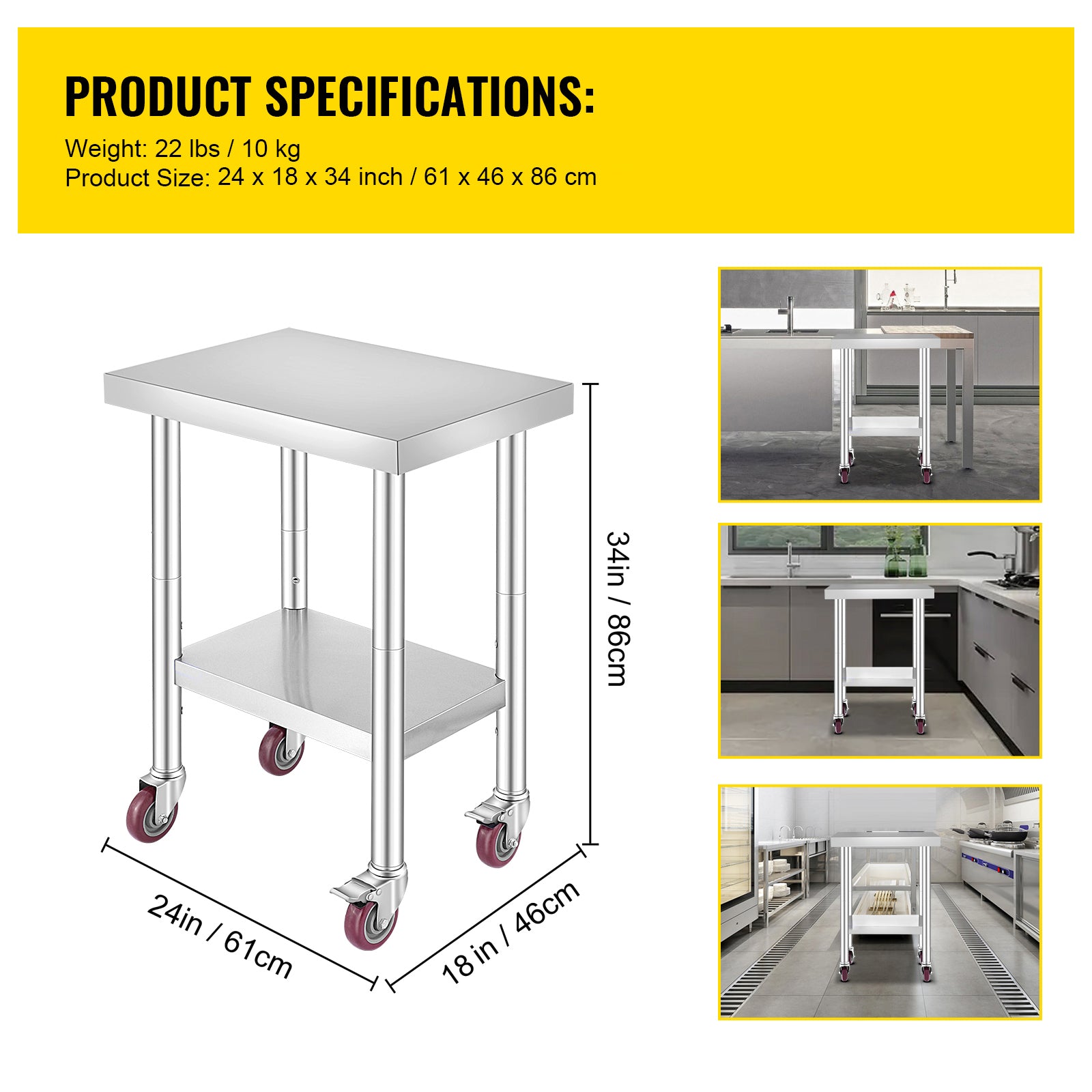 24x18x34 Inch Stainless Steel Work Table 3-Stage Adjustable Shelf With 4 Wheels Heavy Duty Commercial Food Prep Worktable With Brake For Kitchen Prep Work