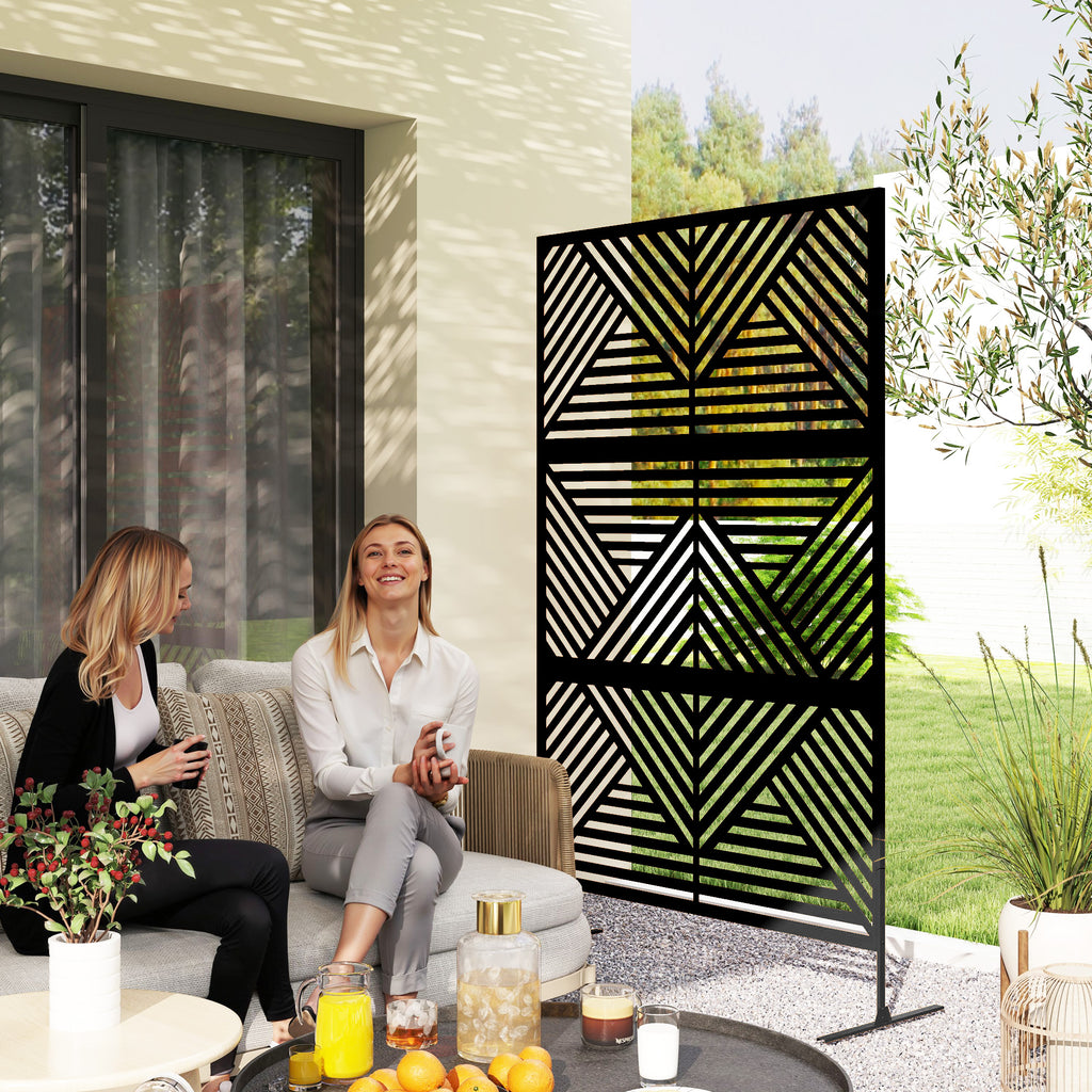 Decorative Privacy Fence Screen, Metal Outdoor Privacy Screen Climbing Plant Trellis With Stand, Rhombus Black
