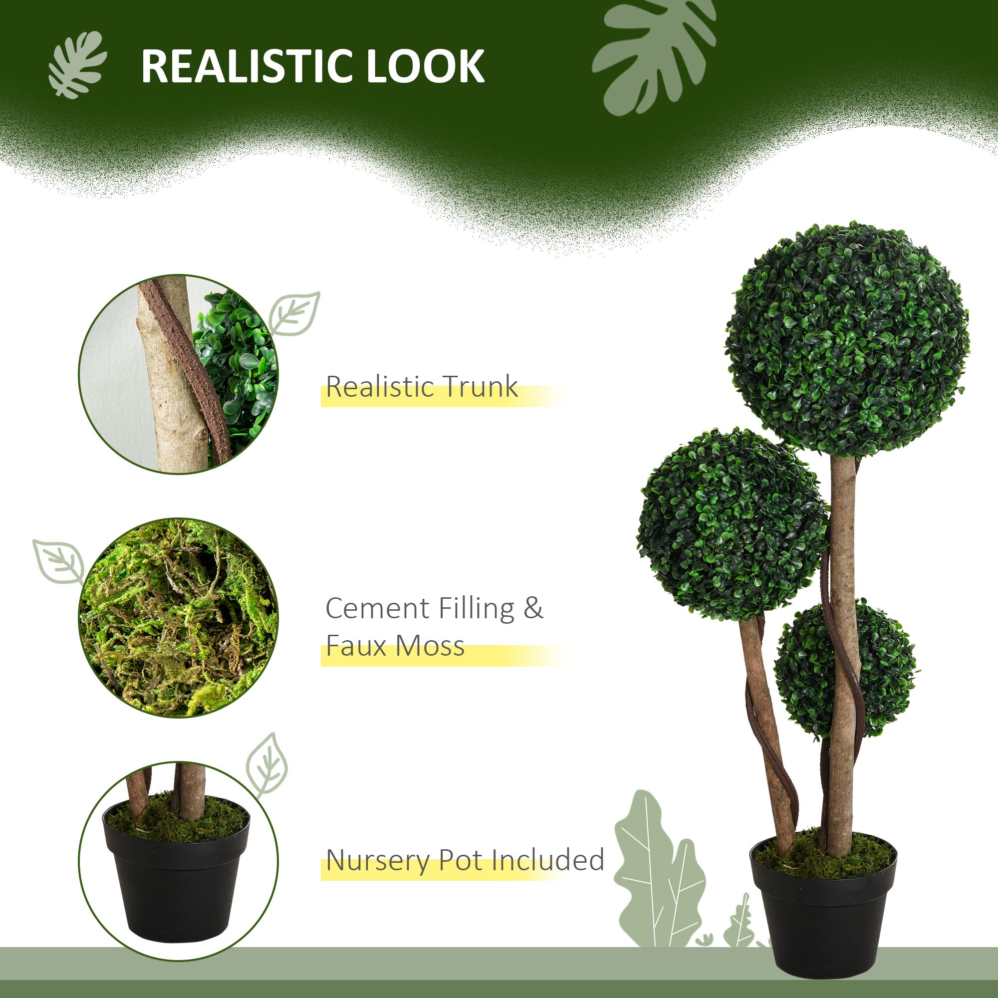 Artificial Plant For Home Decor Indoor & Outdoor Fake Plants Artificial Tree In Pot, 3 Ball Boxwood Topiary Tree For Home Office, Living Room Decor, Dark Green
