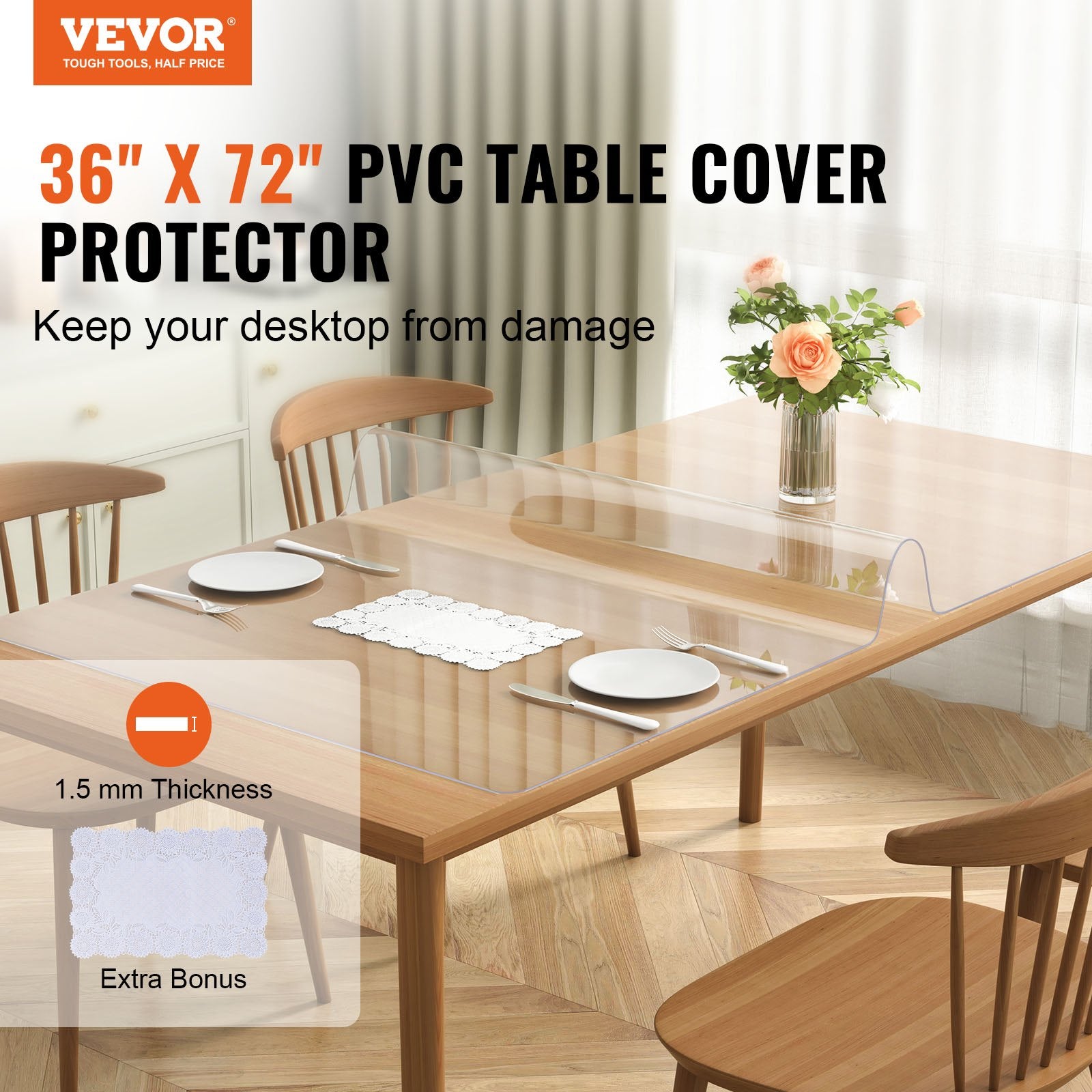 Clear Table Cover Protector, Table Cover, 1.5 Mm Thick PVC Plastic Tablecloth, Waterproof Desktop Protector For Writing Desk, Coffee Table, Dining Room Table