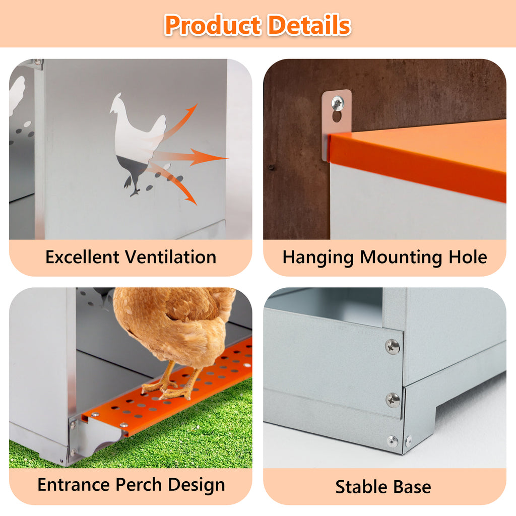 8-Bay Metal Nest Box-Wall Mount For Hens Ducks, Easy Egg   Assembly, Vented Galvanized Steel Coop Equipment Orange