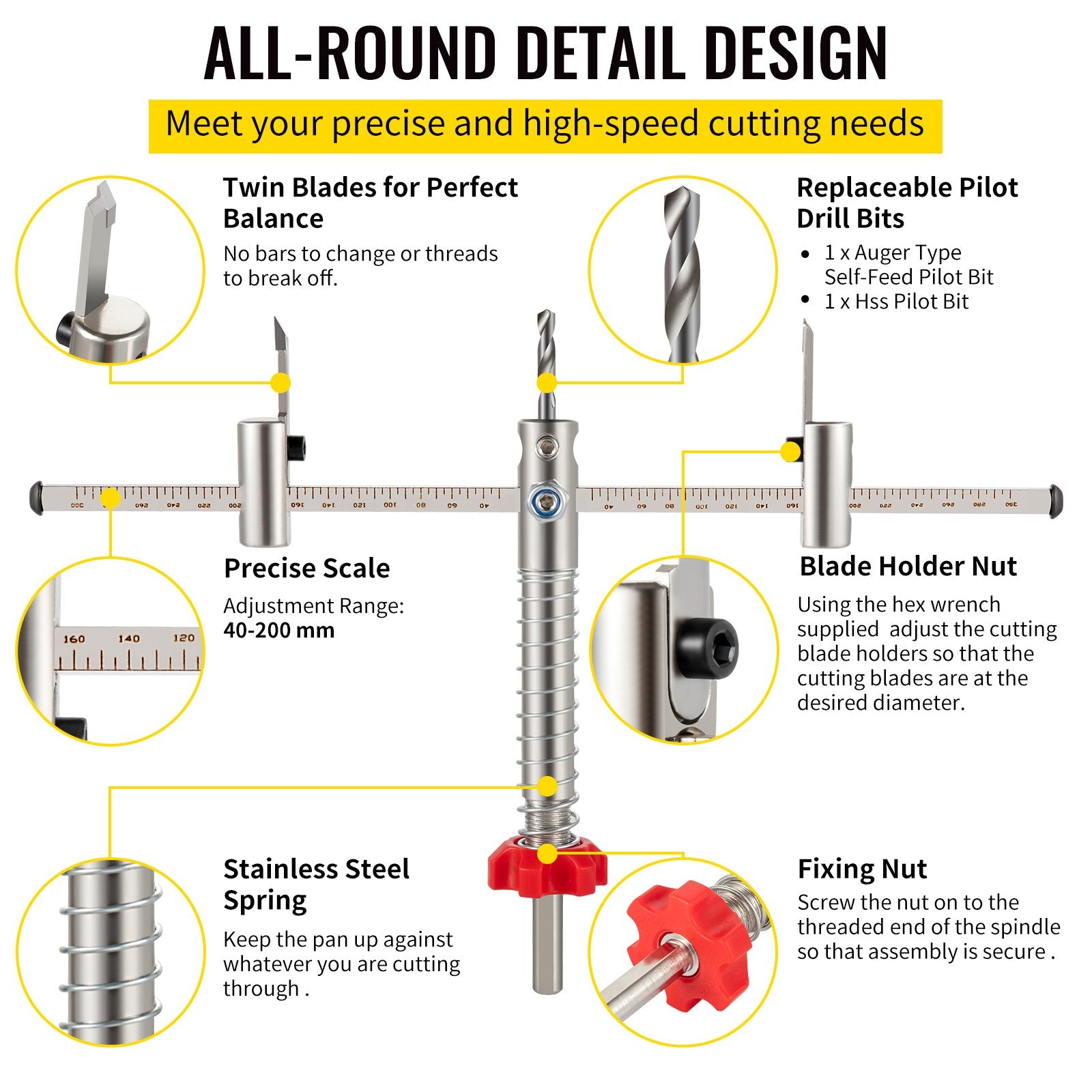 Adjustable Hole Saw Cutter Kit, 1-5/8' To 8' (40-200 Mm), Twin Blade Recessed Hole Saw With PC Dust Shield, Two Replaceable Pilot Drill Bits, For Recessed Lights, Ceiling Speakers, Vent Holes