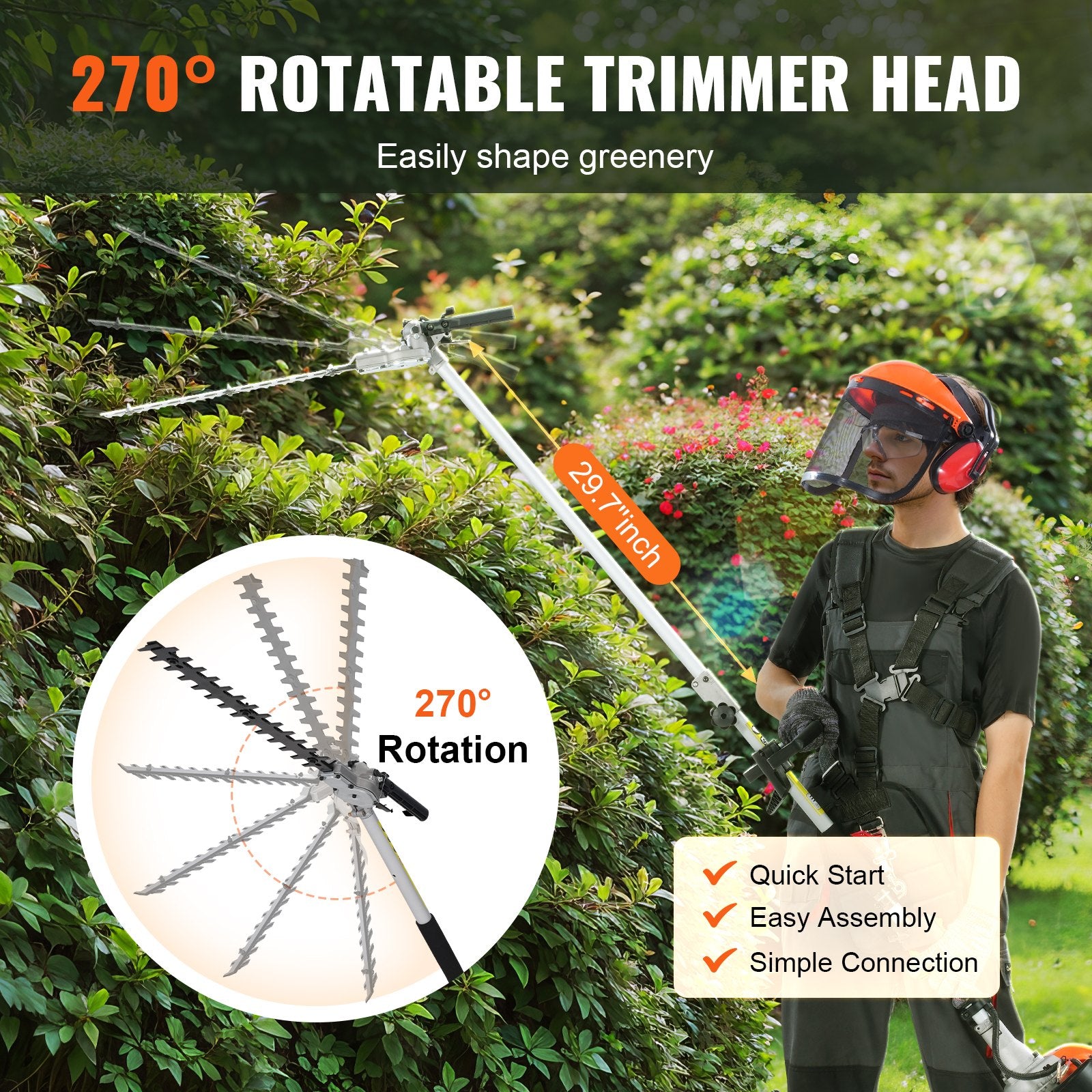 15.7-inch 26CC 2 Cycle Gas Hedge Trimmer, Gas Powered Pole Hedge Trimmer With Dual Sided Dual Action Blade, 270° Adjustable Trimmer Head, Suitable For Trimming Shrubs, Bushes