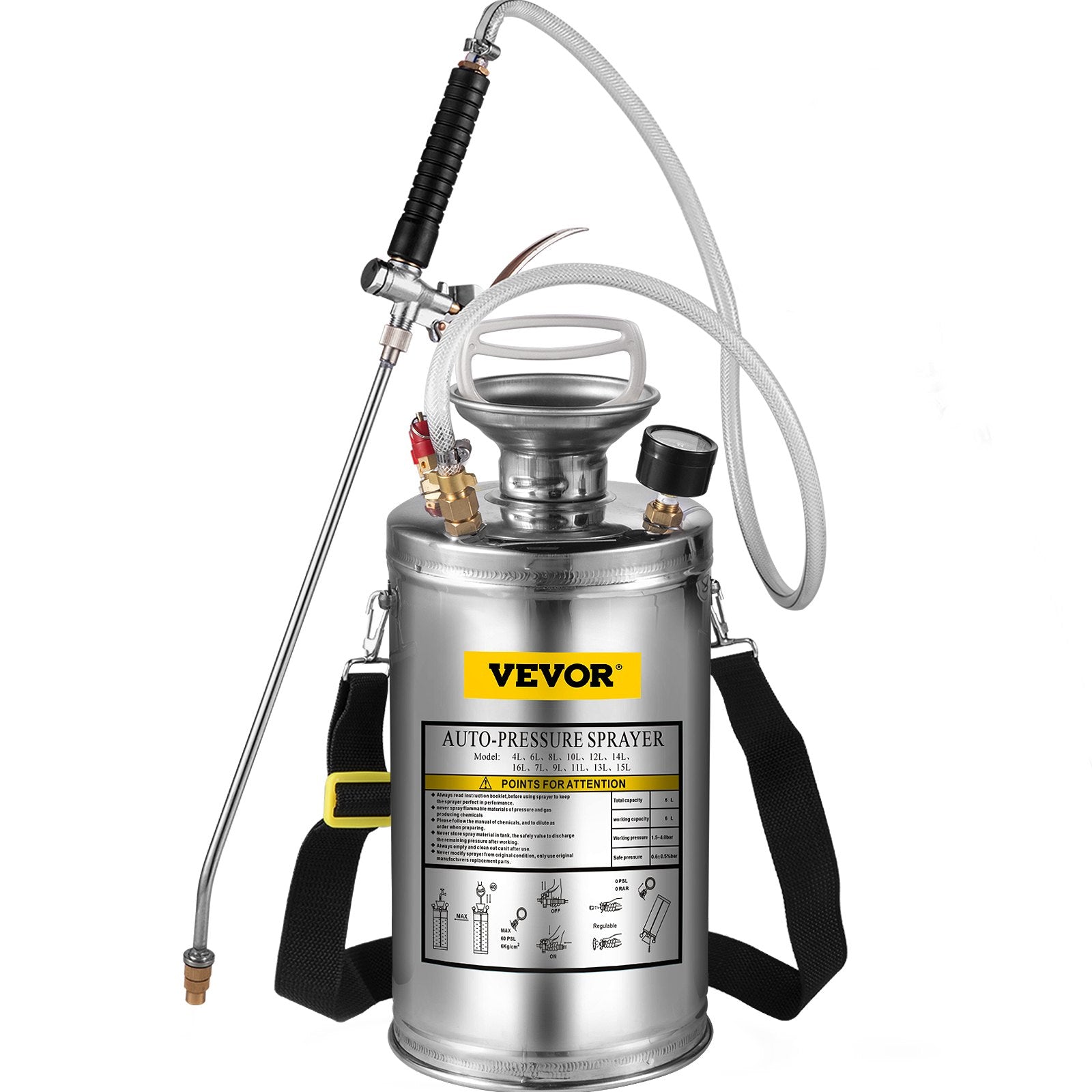 1.5Gal Stainless Steel Sprayer, 3.3FT Reinforced Hose, Hand Sprayer With Pressure Gauge Safety Valve, Adjustable Nozzle Suitable For Gardening  Sanitizing
