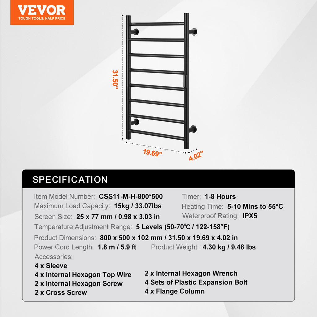 8 Bars Towel Warmer Rack Wall Mounted Heated Towel Rack For Bathroom Black