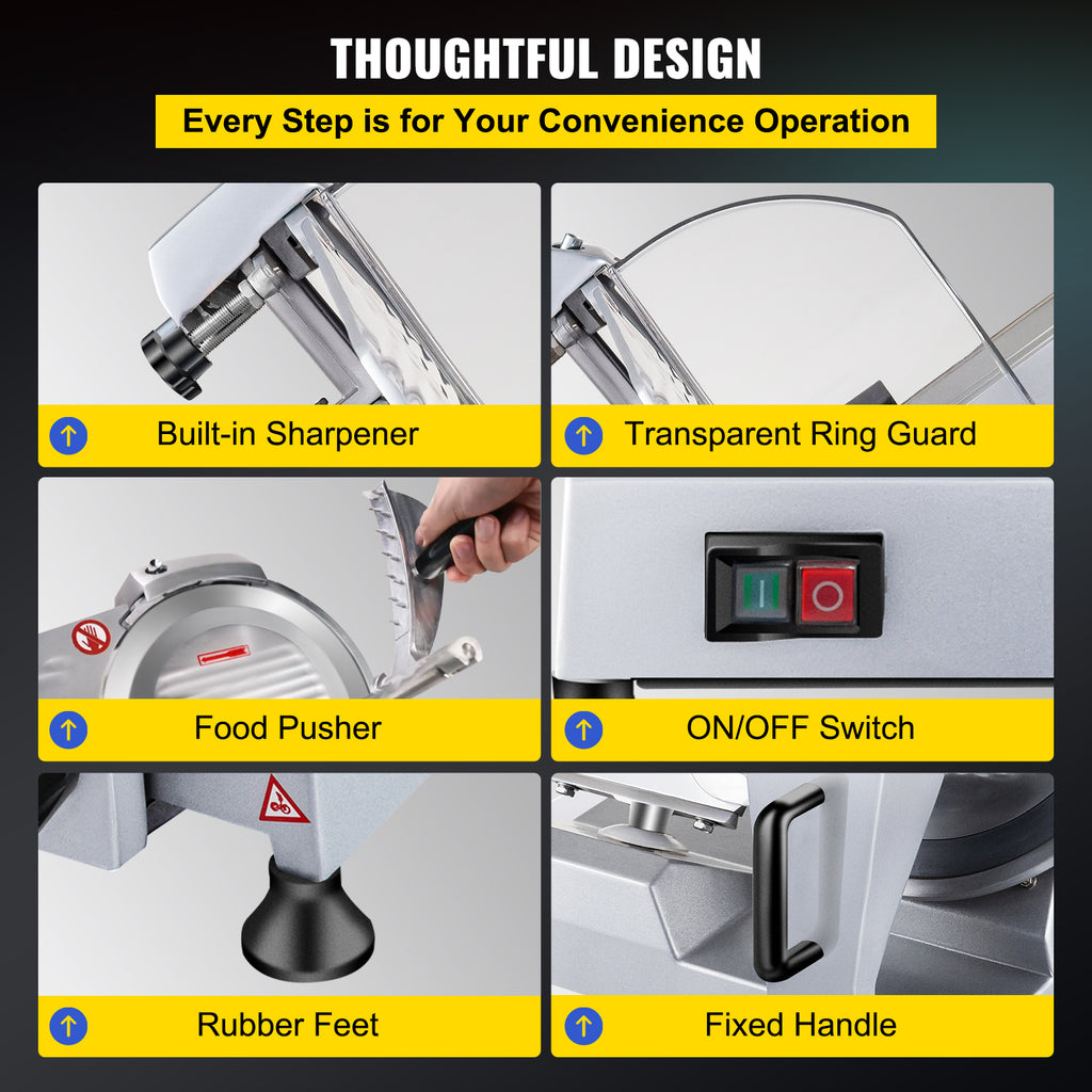 240W Commercial Meat Slicer, Electric Deli Food Slicer, Carbon Steel Blade Electric Food Slicer, 350-400RPM Meat Slicer, 0 - 0.47 Inch Thickness Adjustable For Commercial And Home Use