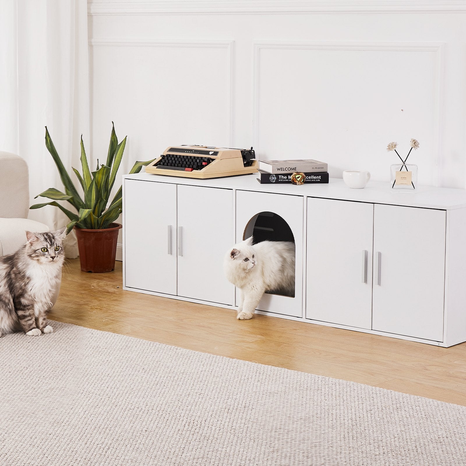 Cat Litter Box Enclosure Wooden Litter Box Furniture Hidden  White