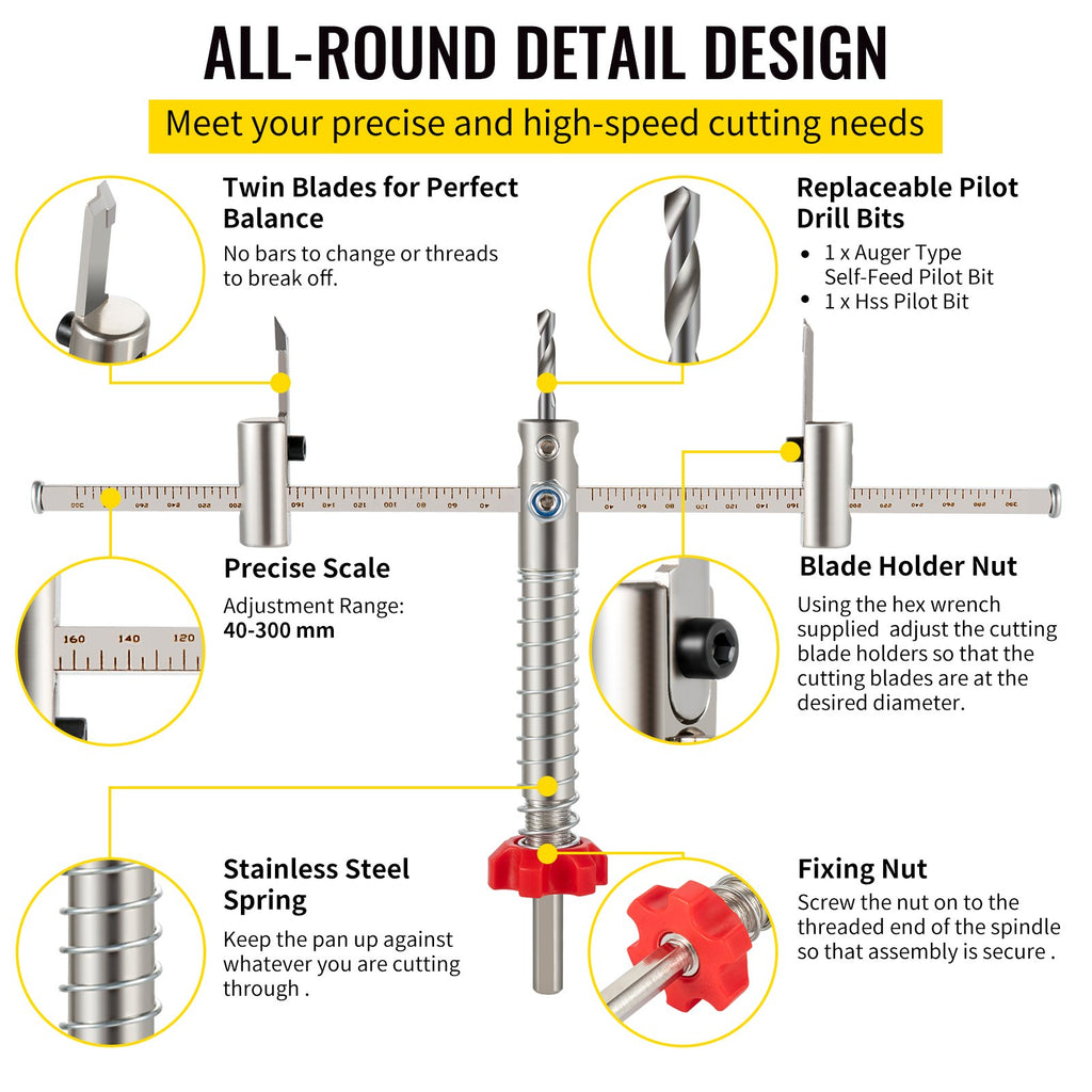Adjustable Hole Saw Cutter Kit, 1-5/8' To 11-13 /16' (40-300 Mm), Recessed Hole Saw With PC Dust Shield, Two Replaceable Pilot Drill Bits, For Recessed Lights, Ceiling Speakers, Vent Holes