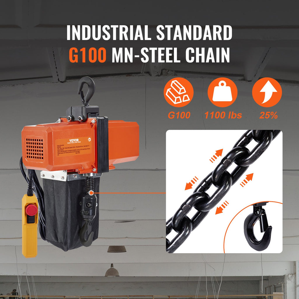1100 Lbs Electric Chain Hoist 15 FT Lifting Height, 120V Electric Hoist, Single Phase Overhead Crane With G100 Chain, 10 Ft Wired Remote Control For Garage, Shop, Hotel, Home