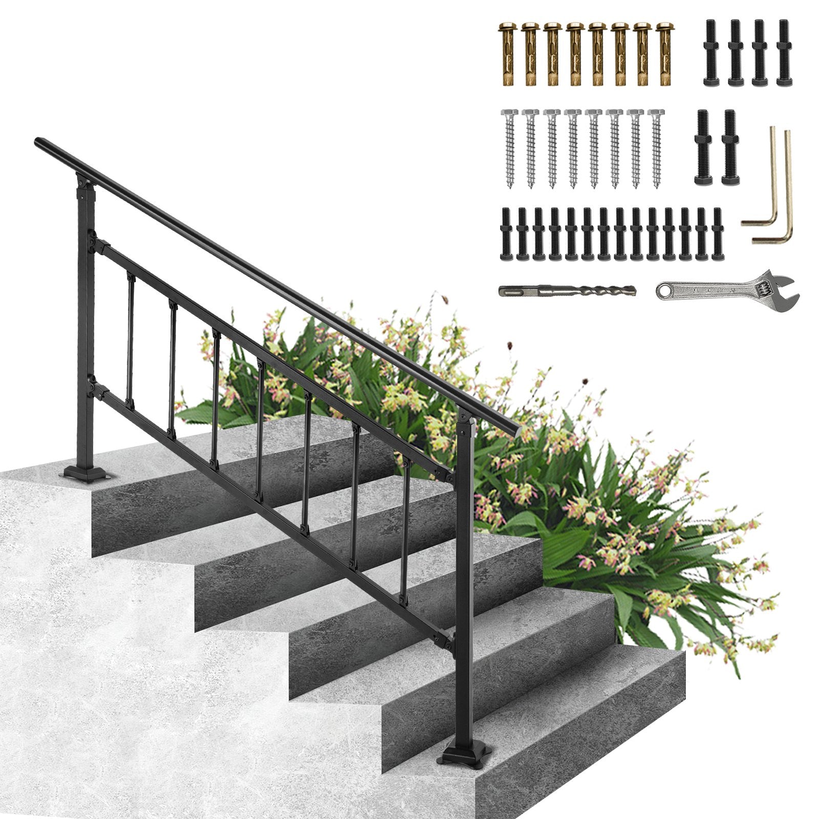 Outdoor Stair Railing, Fits For 1-5 Steps Transitional Wrought Iron Handrail, Adjustable Exterior Stair Railing With Fence, Handrails For Concrete Steps With Installation Kit, Matte Black