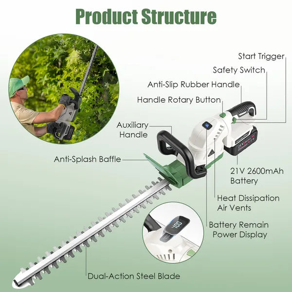 20'' Cordless Hedge Trimmer 21V Handheld Bush Trimmer Electric Grass Shrub Trimmer With Dual-Action Blades 0.6" Cutting Diameter Safety Lock ±90° Adjustable Handle