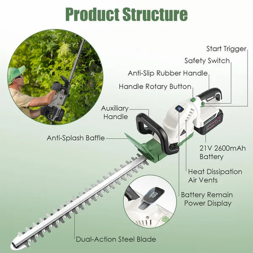 20'' Cordless Hedge Trimmer 21V Handheld Bush Trimmer Electric Grass Shrub Trimmer With Dual-Action Blades 0.6" Cutting Diameter Safety Lock ±90° Adjustable Handle