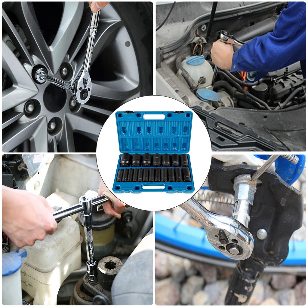 Impact Socket Set 19 Piece Impact Sockets, Deep Socket, 6-Point Sockets, Rugged Construction, Cr-V, With A Storage Cage