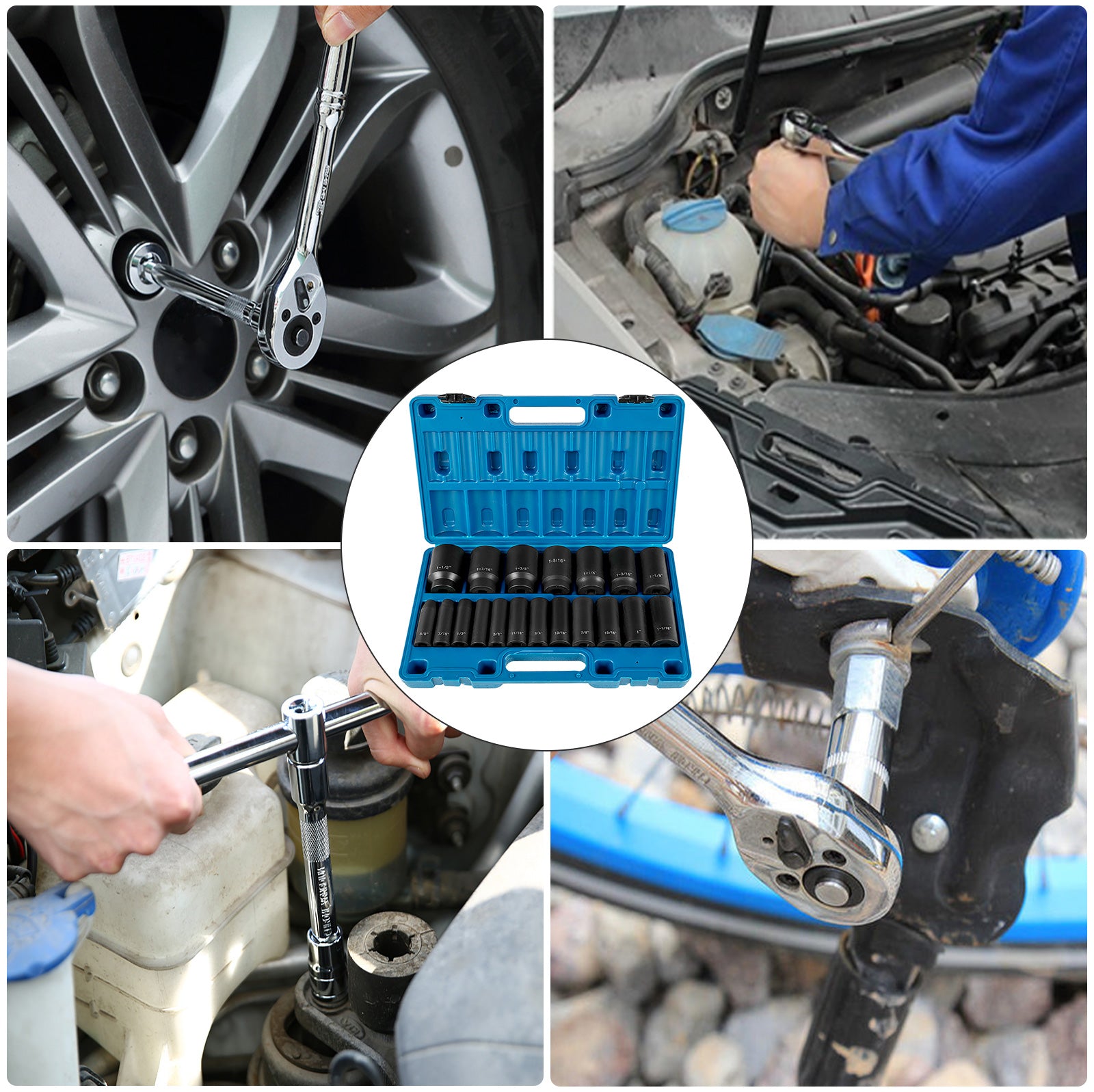 Impact Socket Set 19 Piece Impact Sockets, Deep Socket, 6-Point Sockets, Rugged Construction, Cr-V, With A Storage Cage
