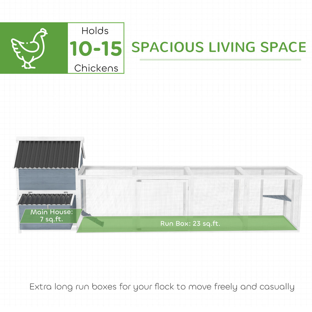 156 Extra Large Wooden Chicken Coop With 2 Nesting Box, Run Cage, Waterproof Wave Roof, For 10-15 Chickens, Light Gray