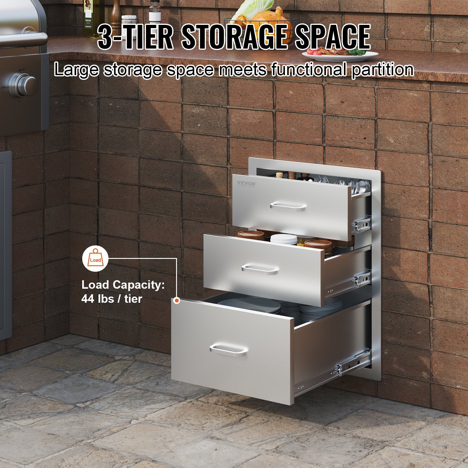 18x20.5 Inch Outdoor Kitchen Stainless Steel Triple Access BBQ Drawers With Chrome Handle, 18 X20.5 X 23 Inch
